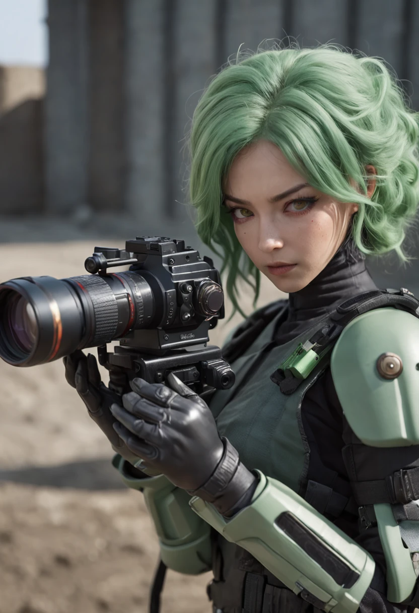 Realistic anime style, Japanese anime, Real anime, Anger release, Angry, Binocular eyes, African American senior, White long beard, cyborg soldier, camera lens helmet, Zoom lens gun, Green Hammer, Short, curly green hair, Reflective lens eyes, heavy Mecha armors, scybernetic, Cyberpunk spy, On Venus, Wasteland, Apocalypse, Barren planet Venus, Cinematic, Volume lighting,