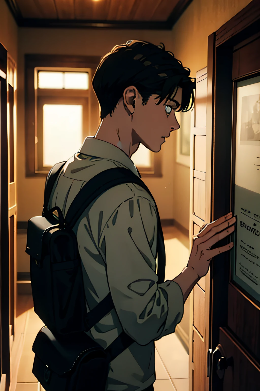 The male,with short black hair,Stand at the door of the dormitory,With his back to the camera,The face is sideways and looking back,Carrying a black backpack,A look of horror
