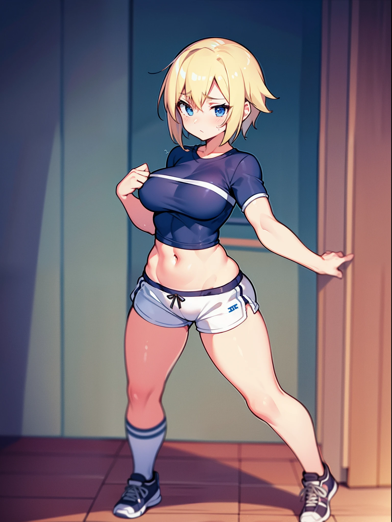 Modest, Shy, Infinitely cute and beautiful, sporty figure, pumped up athletic girl 17 years old; Blonde with short hair, with small neat elastic breasts; with protruding muscles; in a sports cropped T-shirt, in low-rise shorts; In the cozy kitchen of the women's dormitory; full body photography, Anatomical realism, higly detailed, high quality textures