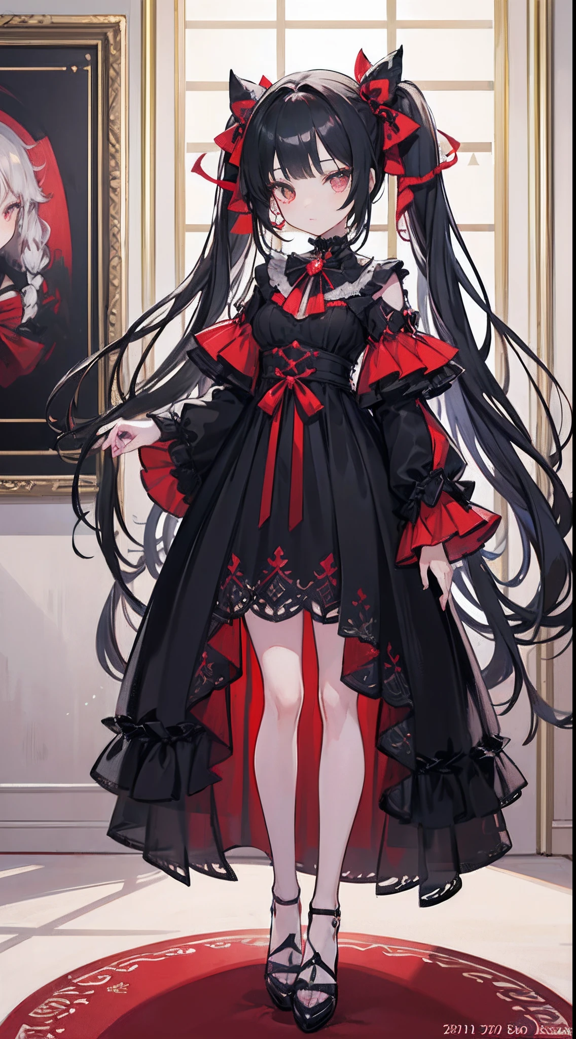1girll,Transcendent Beautiful Girl、Precise face、Fluffy long black hair,(Half Twin Tail),Red colored eyes,Black and red luxury dresses,((Inside the rich and noble house)),full body standing painting,Ultra-detailed CG,Exquisite facial features,Clear facial expressions,Detailed Digital Anime Art,digital anime art,High quality anime art style