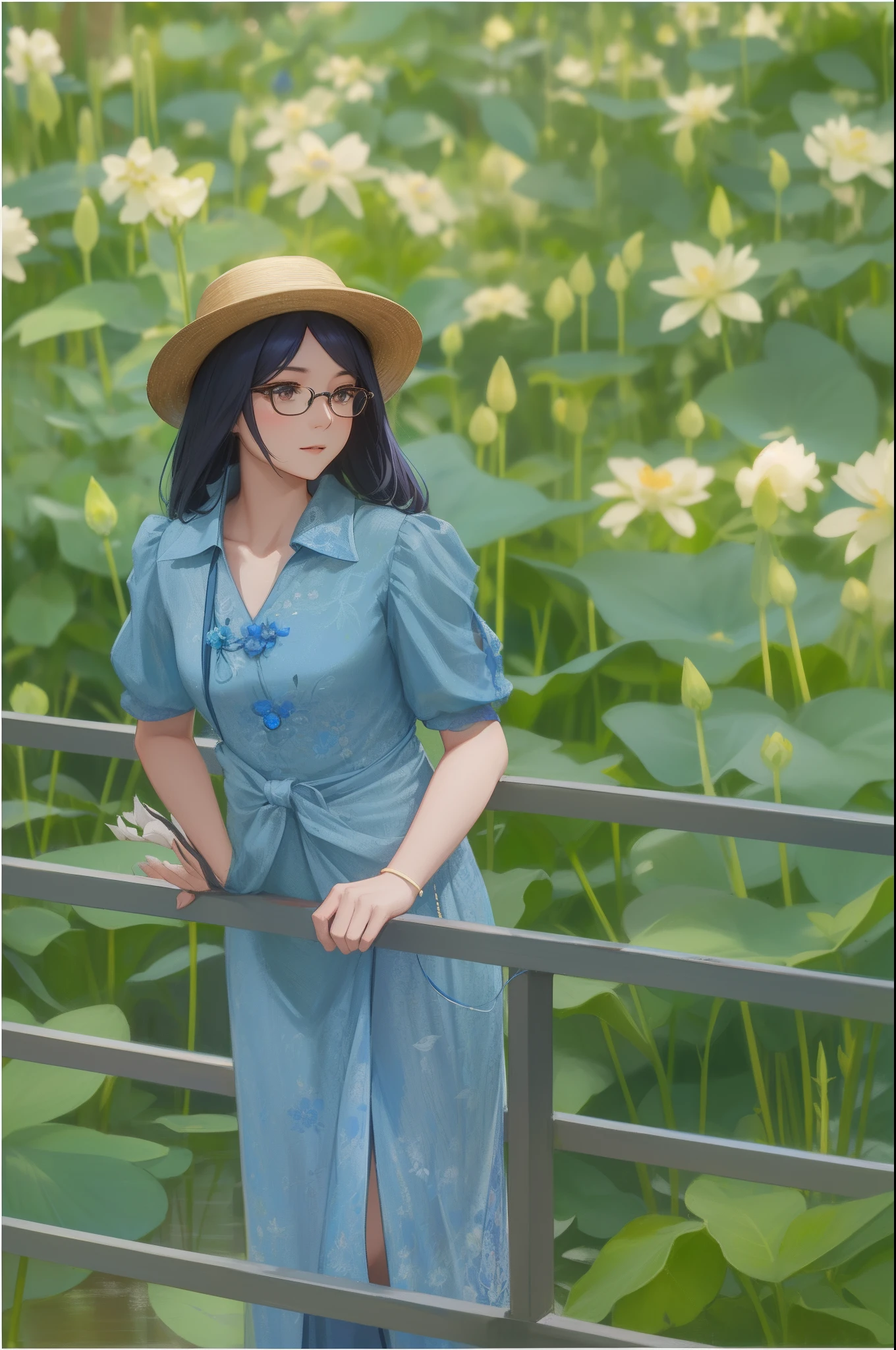 An Arapi woman in a blue jumpsuit and hat stands on the bridge, in style of lam manh, standing in a botanical garden, in a blue qipao, mid shot portrait, wearing a blue qipao dress, Portrait shooting, jia, Photo portrait, shot with canon eoa 6 d mark ii, Photo taken with Nikon D750