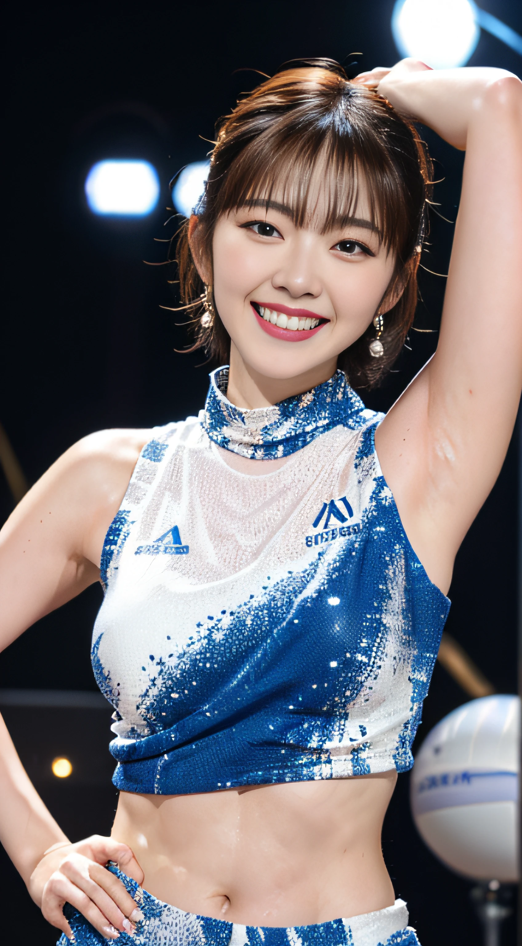 Top quality, masterpiece, super high resolution, smiling Korean girl, very detailed and professional lighting. Beach volleyball, short cut hair, beach, tight sticky thin crop top, sticky metallic colored high leg, dynamic angle, slouching posture, sticking butt out towards the viewer