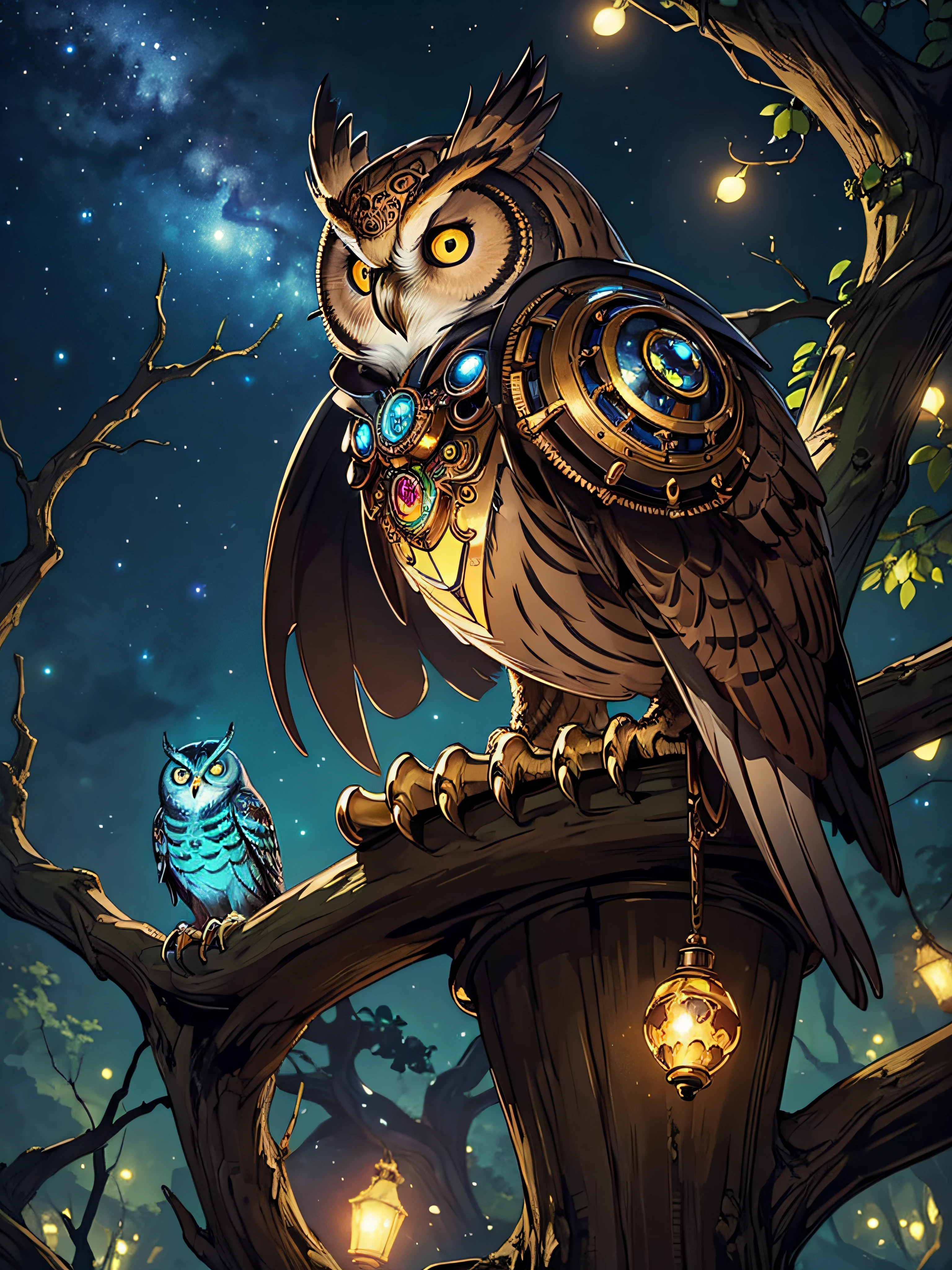 (masterpiece, high quality),
concept art of a beautiful ornate mechanical steampunk owl, looking at viewer,
anime owl, sitting on a tree branch,
extremely detailed eyes,
dark nebula bioluminescence sky, (3d style:0.5), bokeh,
ultra realistic, sharp focus, intricate, sharp details, highly detailed, rich color, 8K,