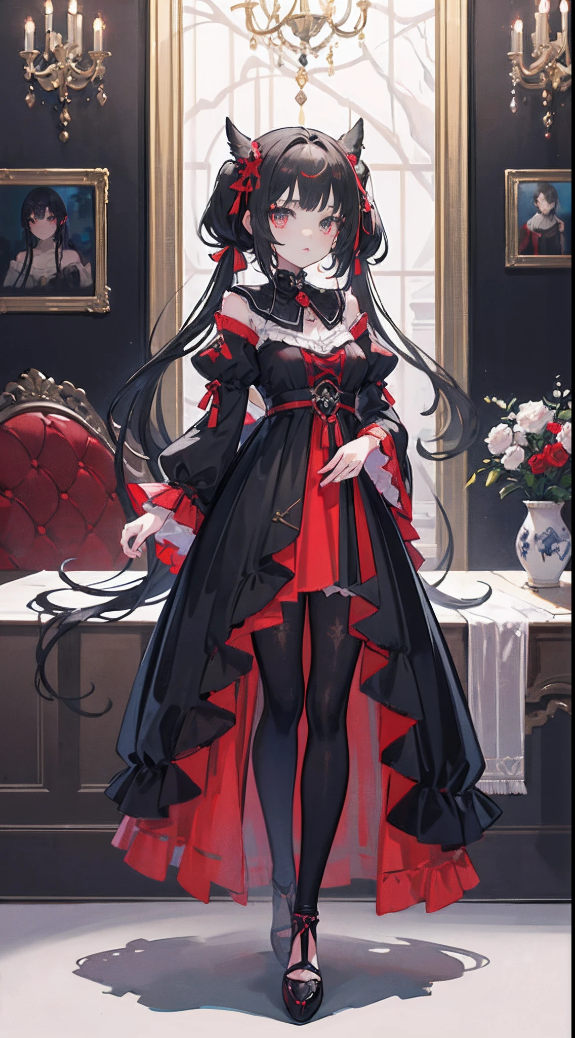 1girll,Transcendent Beautiful Girl、Precise face、Fluffy long black hair,(Half Twin Tail),Red colored eyes,Black and red luxury dresses,((Inside the rich and noble house)),full body standing painting,Ultra-detailed CG,Exquisite facial features,Clear facial expressions,Detailed Digital Anime Art,digital anime art,High quality anime art style