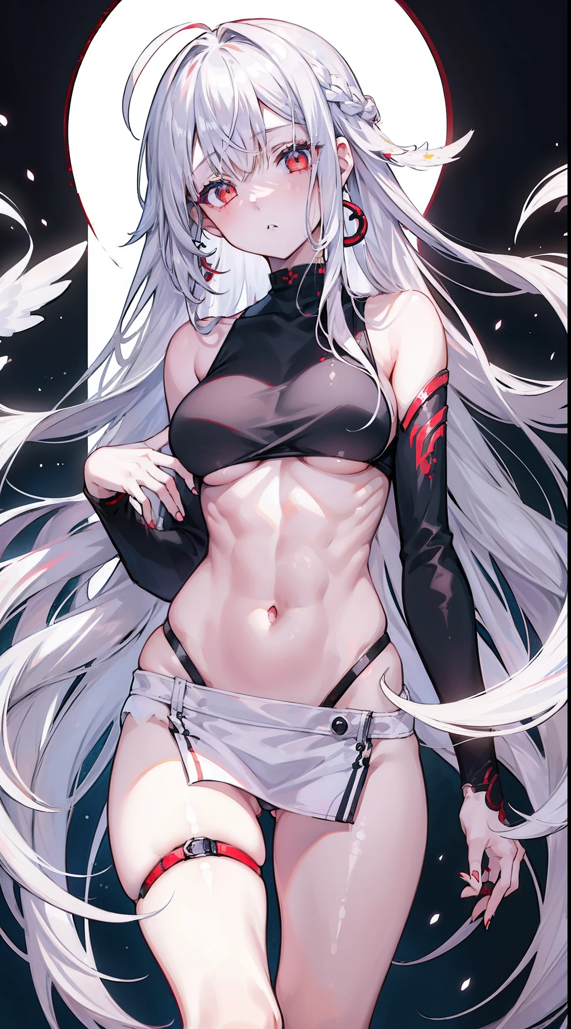 (1girl:1.5), bishoujo, stare, red eyes, (beautiful detailed eyes:1.2), (long hair:1.2), (white hair:silver hair:0.7), Wing-like bangs, Dull hair, ahoge, Hair rings, braid, cold, expressiveless, (The eyes are sharp:0.8),Bare belly,Abs,full bodyesbian