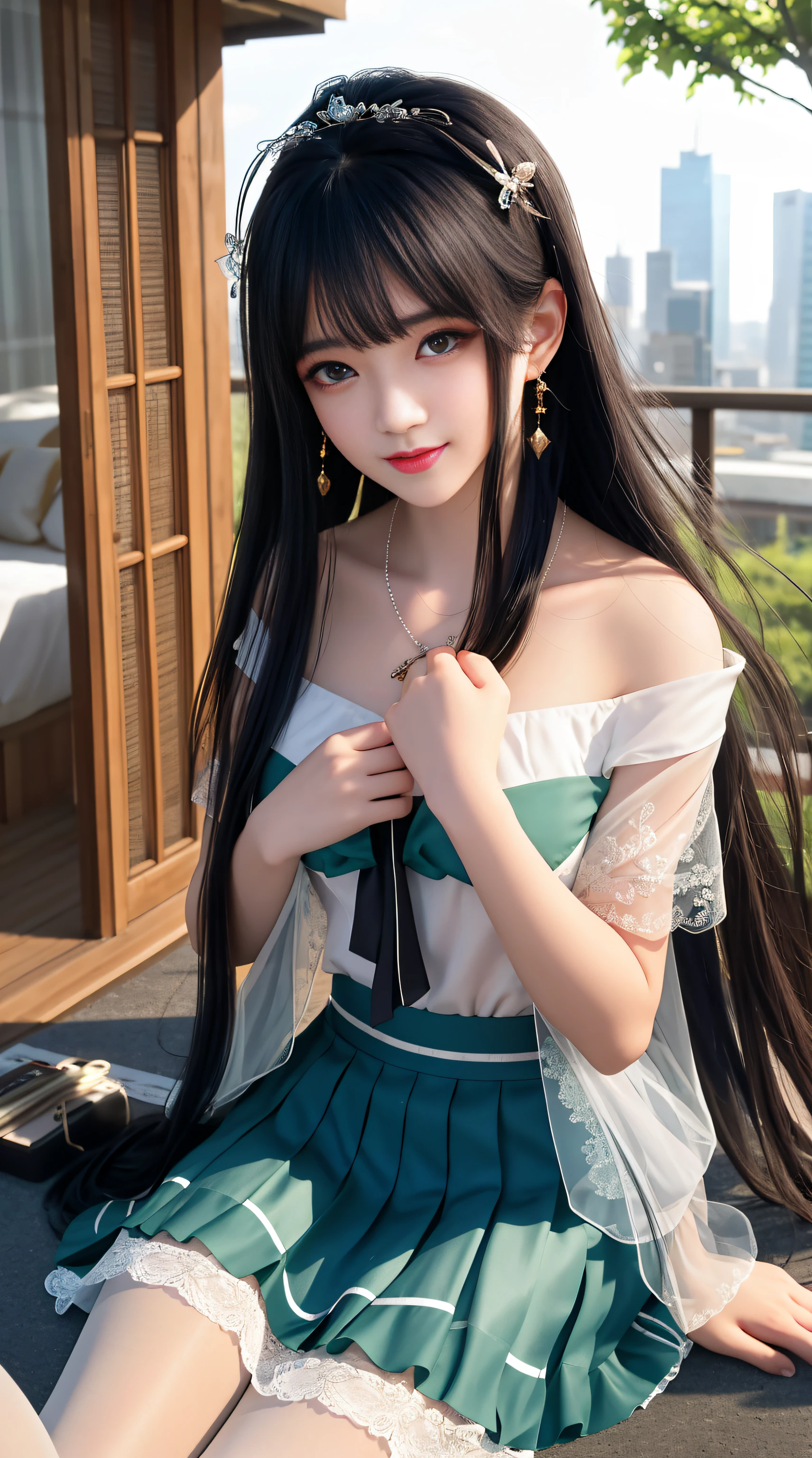 Best quality、tmasterpiece、A high resolution、1girll、Strapless animal short sleeves、a black skirt、black thin stockings、Nice face、There are hair ornaments on the head、looking at viewert、ssmile、Blue hair,beautiful and clear eyes, Green eye pupils,Green eye pupils,Close-up Shot Shot,The chest is huge。There are very deep,There is a light in the chest,Looming,Extremely Delicately Beautiful、Keep one's mouth shut、cparted lips、shift dresses、Delicate shiny necklace、long whitr hair、diamonds earrings、s delicate face、Outside the house、Tindal effect、hentail realism、Shadow Studio、edge lit、bicolor lighting、(highdetailskin:1.2)、 adolable, view over city, the night, Sateen, dampness, profesional lighting, photon maping, Radio City, physically-based renderingt, Above the legs