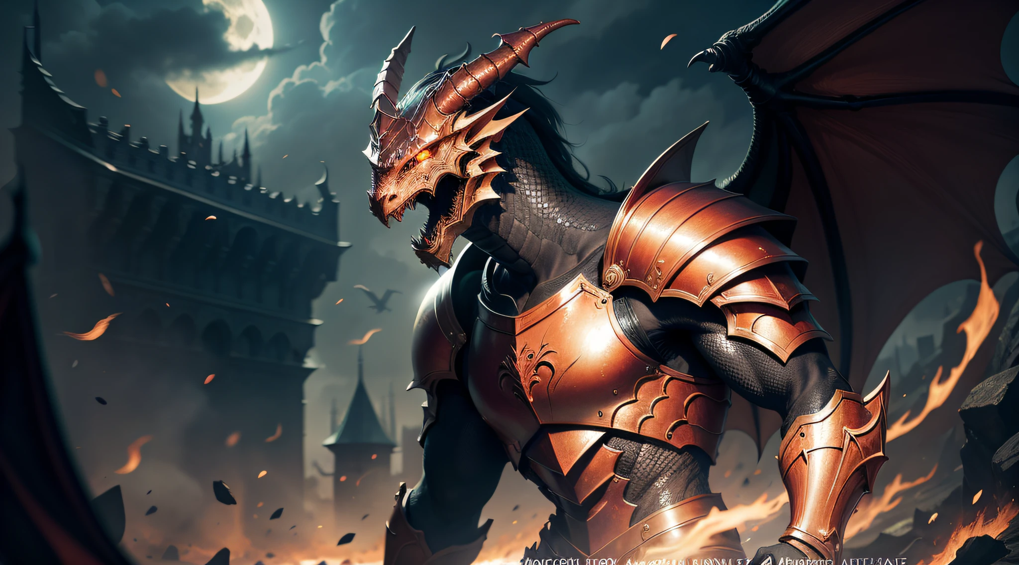best quality, 1 girl, macro colossal size, dragon face, orange eyes, black furr, red belly, dragon female, colossal, furry female, Anthropomorphic, (in a night castle ruins), conqueror.