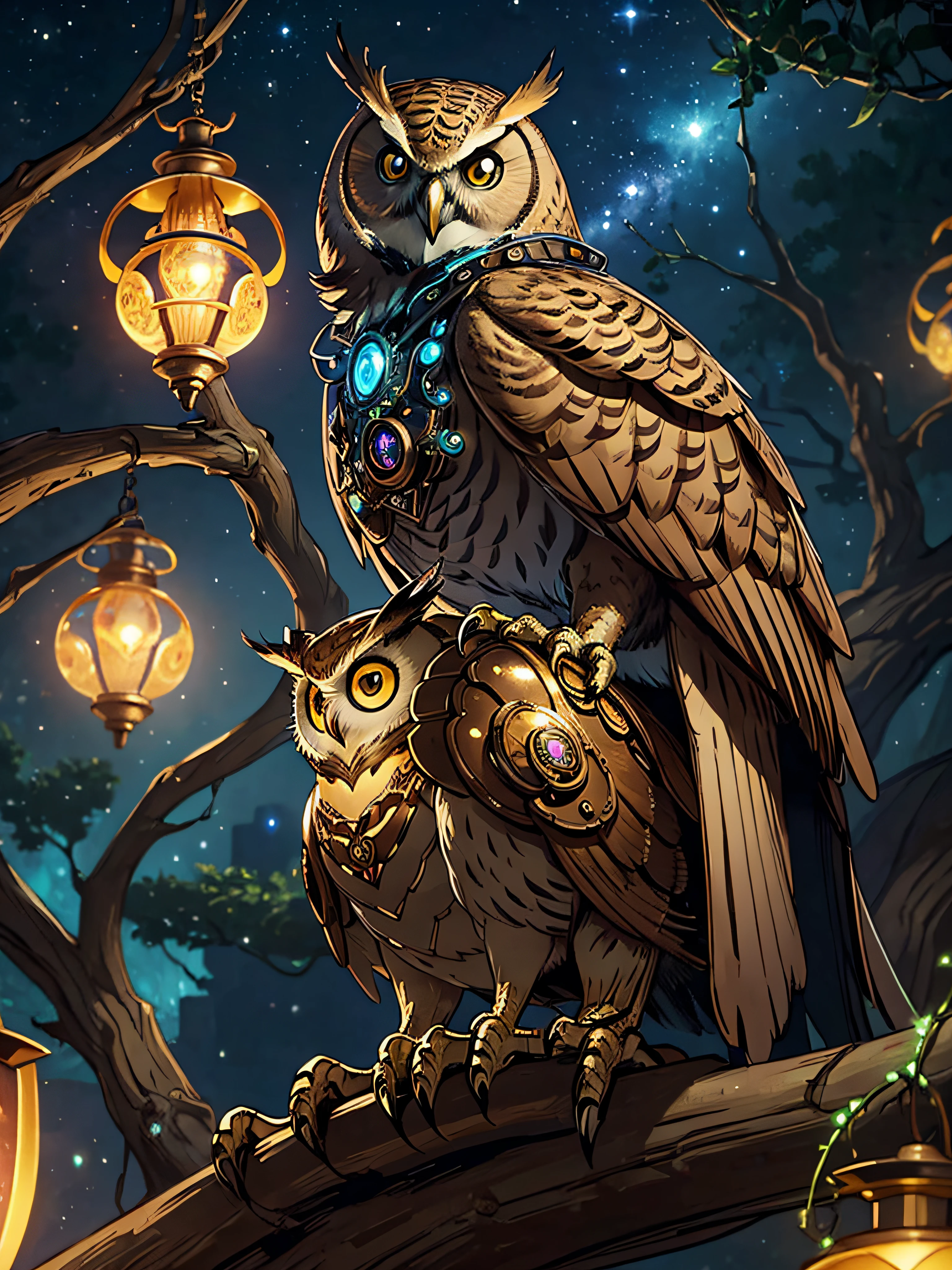 (masterpiece, high quality),
concept art of a beautiful ornate mechanical steampunk owl, looking at viewer,
anime owl, sitting on a tree branch,
extremely detailed eyes,
dark nebula bioluminescence sky, (3d style:0.5), bokeh,
ultra realistic, sharp focus, intricate, sharp details, highly detailed, rich color, 8K,