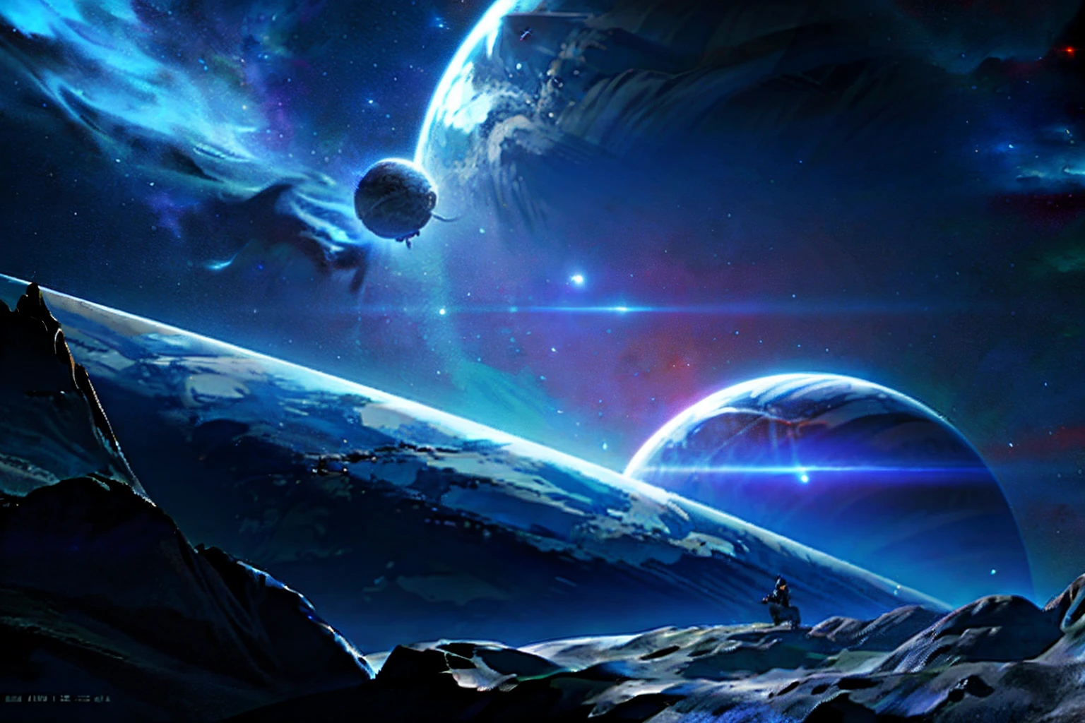 4K, Best quality, Science fiction cover, At the center of the cover is a blue planet, The background is a dazzling starry sky,The color is mainly black， A rectangular spaceship full of technology and the sun appear in the background, Line of sight behind the blue star, The sun is behind, The ship is difficult to spot in the corner of the background, It gives a sense of loneliness and mystery