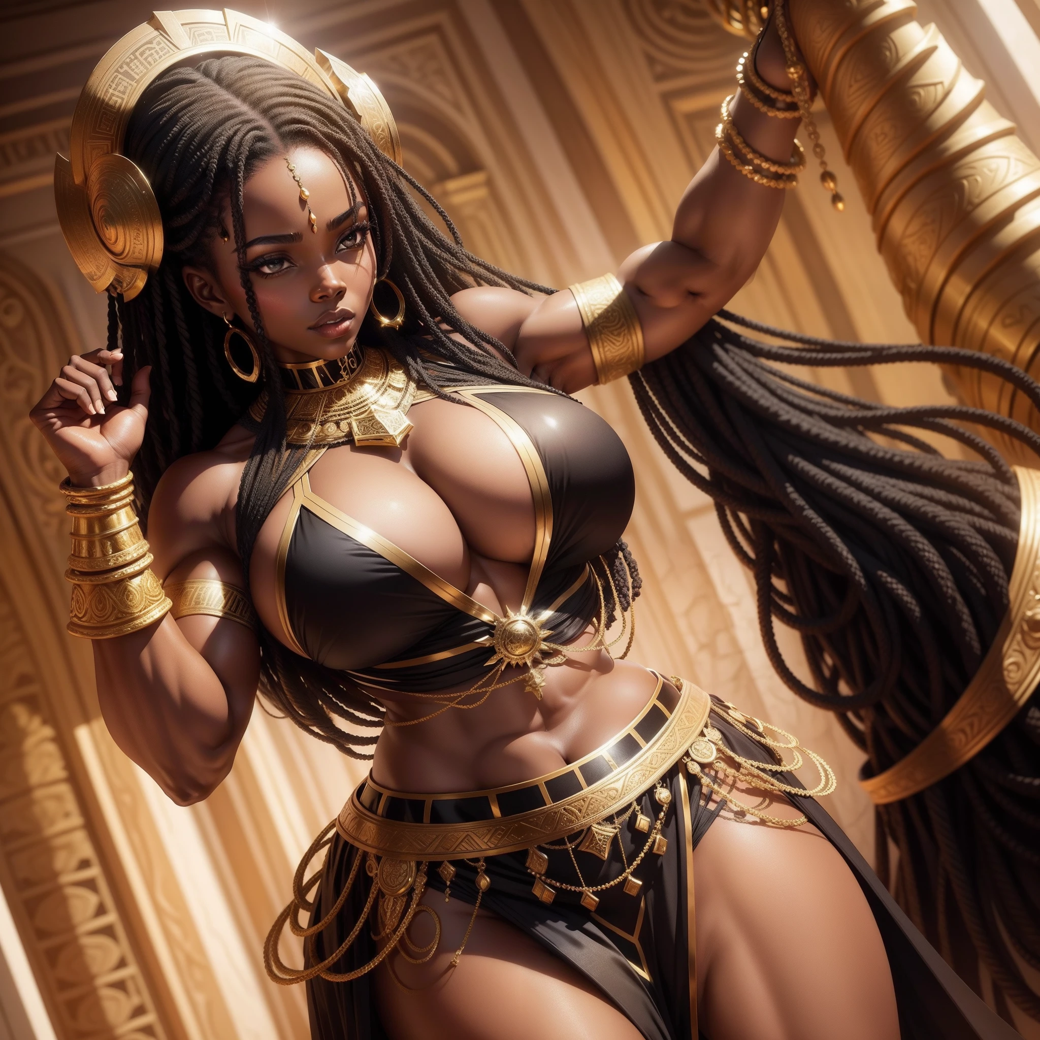 African Goddess, divine black woman, strong abs and biceps, huge breasts, black and gold divine dress