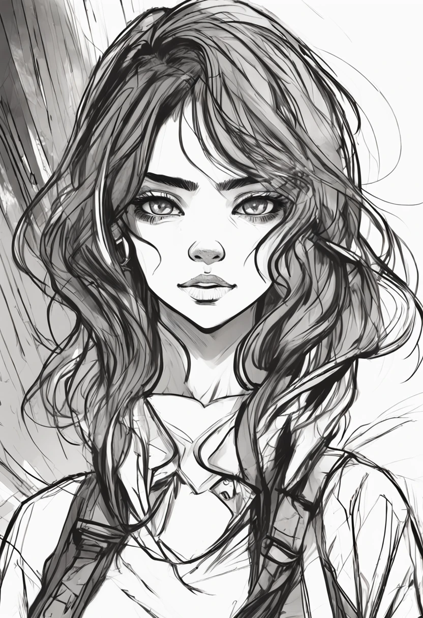 Black and white sketch, black and white manga style, with long hair and piercing eyes,portrait of anime woman, comic artstyle, Anime style portrait, black on white line art