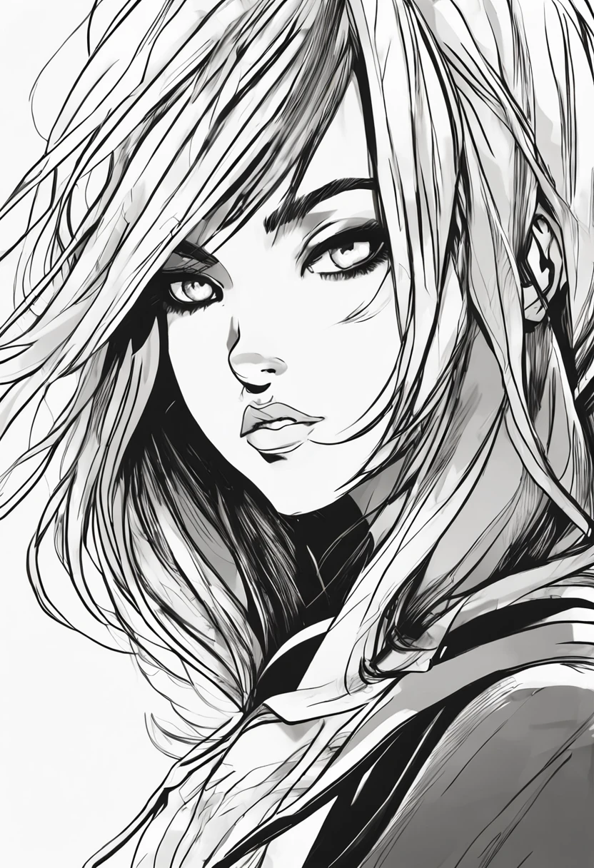 Black and white sketch, black and white manga style, with long hair and piercing eyes,portrait of anime woman, comic artstyle, Anime style portrait, black on white line art