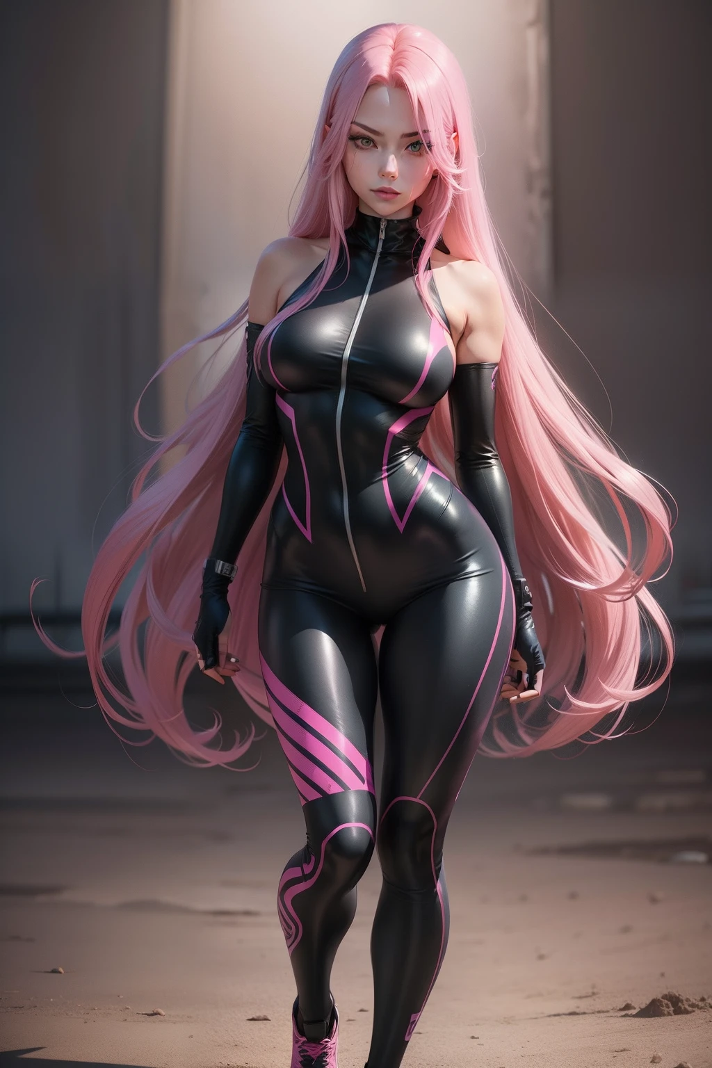 A pink haired woman, green eyes, wearing dark ninja clothing, muscular and hourglass body