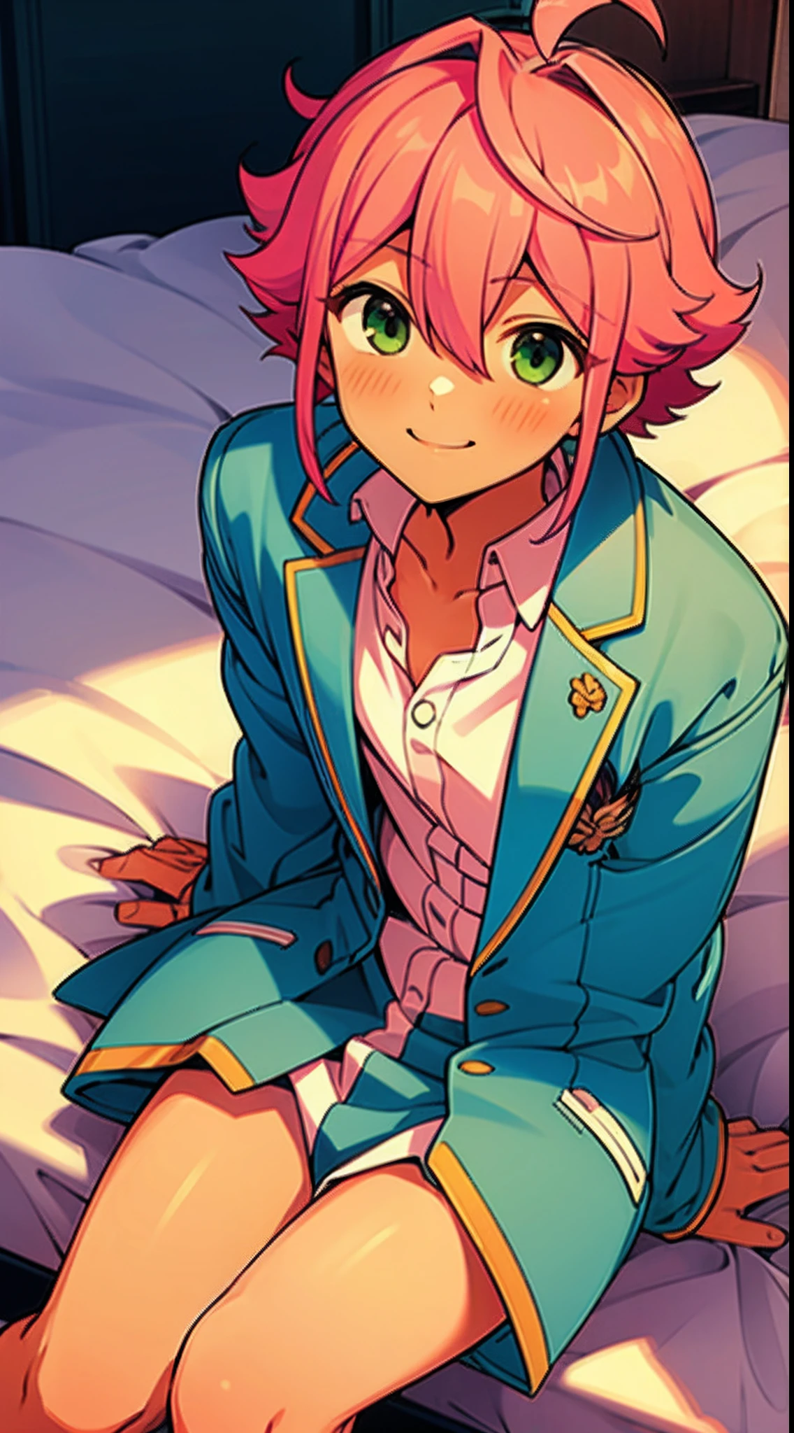 Tori Himemiya, Tori, pink hair, short hair, green eyes, smile, blush, 1boy, solo, male focus, ite boy, bedroom, bed, sitting on bed