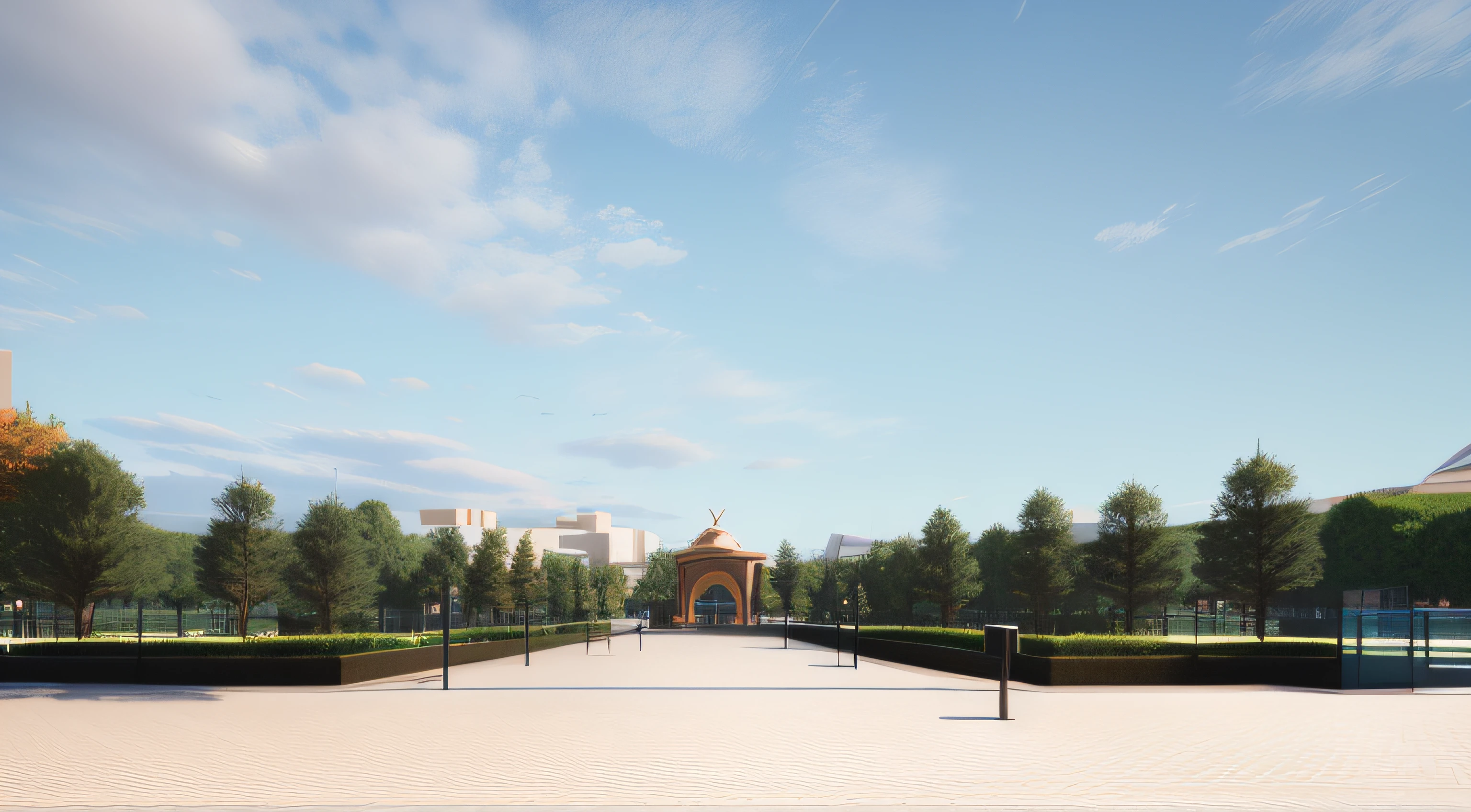 There is a walkway leading to the white-roofed building, highly photographic render, photographic render, landscape perspective, Rendered in Lumion Pro, Detailed rendering, lumion render, archviz, enscape render, highly detailed render, detailed render, fully detailed render, lumion rendering, photoreal render, professional render, A digital rendering, Photorealistic rendering,Two-dimensional sky,quadratic element,Floor tiles nearby,Park floor tiles,