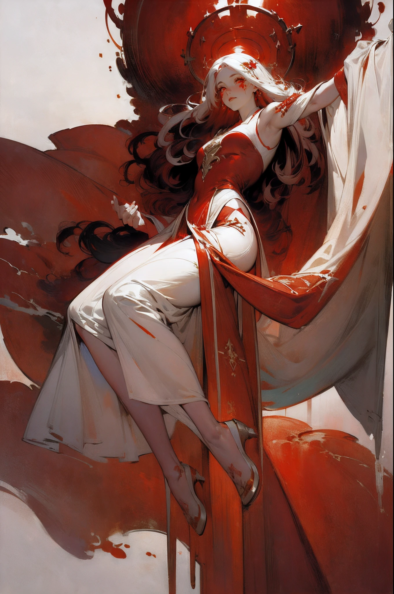 (1girll :1.4)(Warm tones :1.4)toplight,warm lights,faeries, Robe, White gauze texture, Remote,Black hair, long whitr hair, A natural soothing expression,(Red color scheme:1.8), Bare legs, (Floating in the air :1.4),(Long skirt :1.4), Mature female face, Complex tree background, Golden helmet, Holy, Solo, the wallpaper, epic feels, looking up at camera, From below,)ultra-wide-angle:1.4), Aura, Feel nature, Look up at the,the complex background,Complicated details