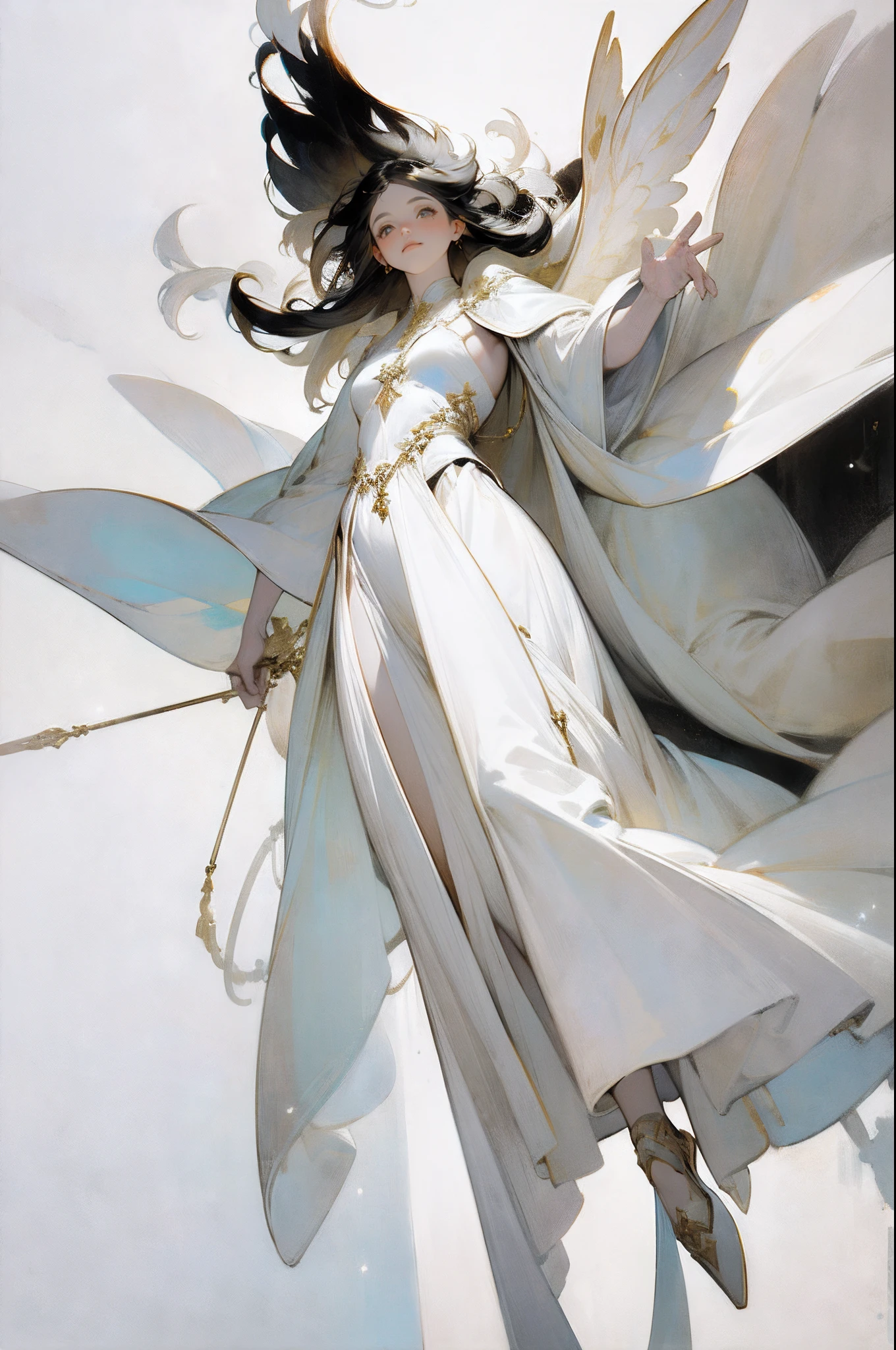 (1girll :1.4)(Warm tones :1.4)toplight,warm lights,faeries, Robe, White gauze texture, Remote,Black hair, long whitr hair, A natural soothing expression,(White color scheme:1.8), Bare legs, (Floating in the air :1.4),(Long skirt :1.4), Mature female face, Complex tree background, Golden helmet, Holy, Solo, the wallpaper, epic feels, looking up at camera, From below,)ultra-wide-angle:1.4), Aura, Feel nature, Look up at the,the complex background,Complicated details