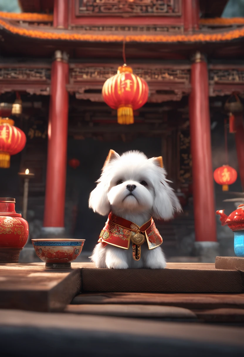 Cute and cool stickers, Maltese, Fluffy hair, chinese architecture background,  cute puppy wearing ancient Chinese costume, knight-errant，Eat hot pot，Cinematic, Hyperrealistic, back lit lighting,very low angle, Highly detailed, zoomout, rendered in unrealengine,