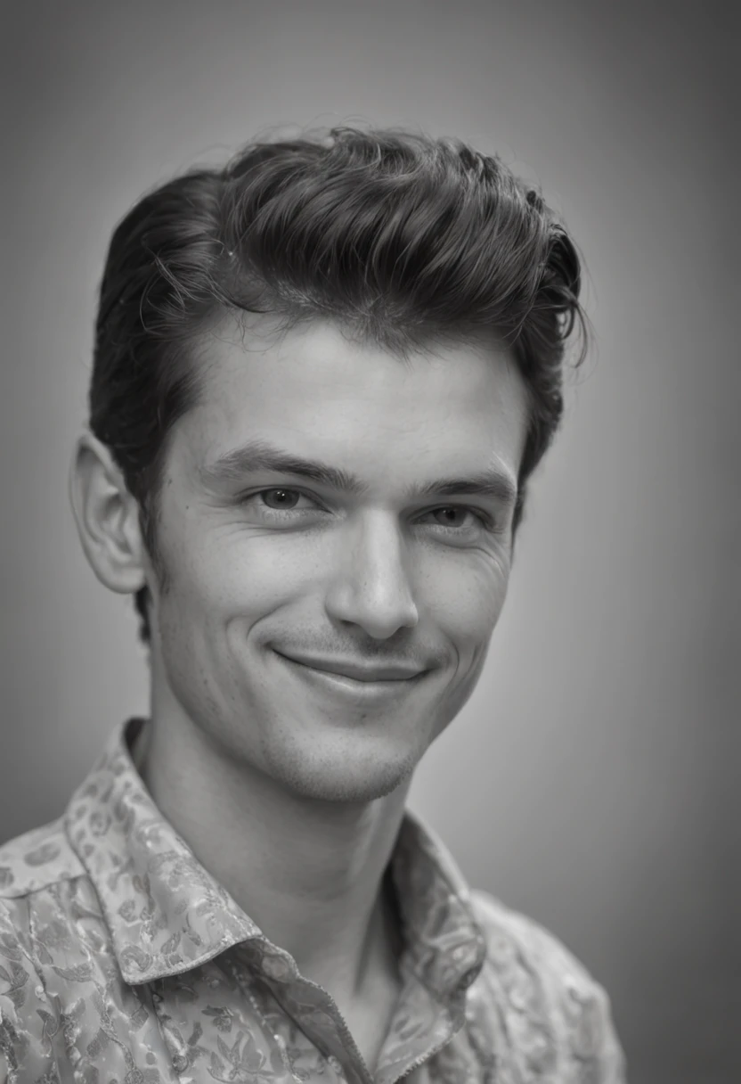 (masterpiece:1.5, best quality:1.2, low quality:0.9), fotografia realista granulada nos anos 60, homem bonito sorrindo, banco