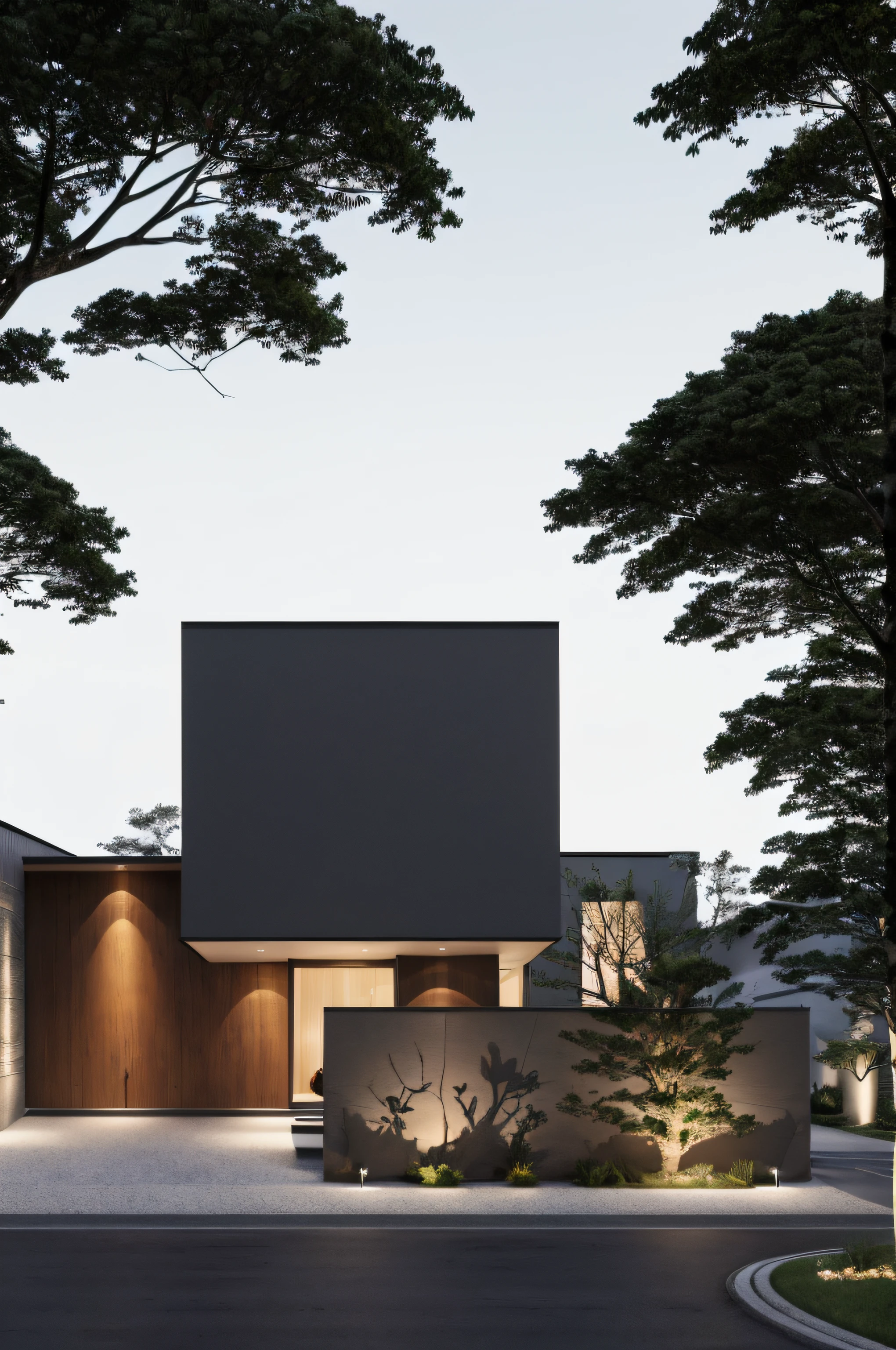 a view of a modern home with a large front yard, main material by white wall and stone and wood, 1 road runs in front of the house, (RAW photo, real, best quality, masterpiece:1.2), look morden minimalist, 1 road in front of the house, shime ring light, light brighteness from indoor:1.2, dynamic lighting:1.3, (hyper realistic, photo-realistic:1.2), high quality, day lighht, hight contrast :0.5 perfect lighting, archdaily, award winning contemporary, contemporary masterpiece, well-designed masterpiece, large modern residence, neotraditional modern, wide angle exterior 2022, midcentury modern, contemporary house, hip modern vibe, a long-shot from front, award winning modern design, stunning lines, residential, subtle detailing, open pose, open view