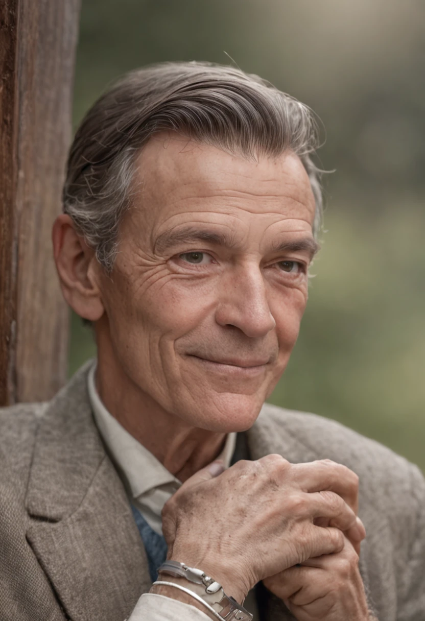 (masterpiece:1.5, best quality:1.2, low quality:0.9), fotografia realista granulada nos anos 60, homem bonito sorrindo, banco