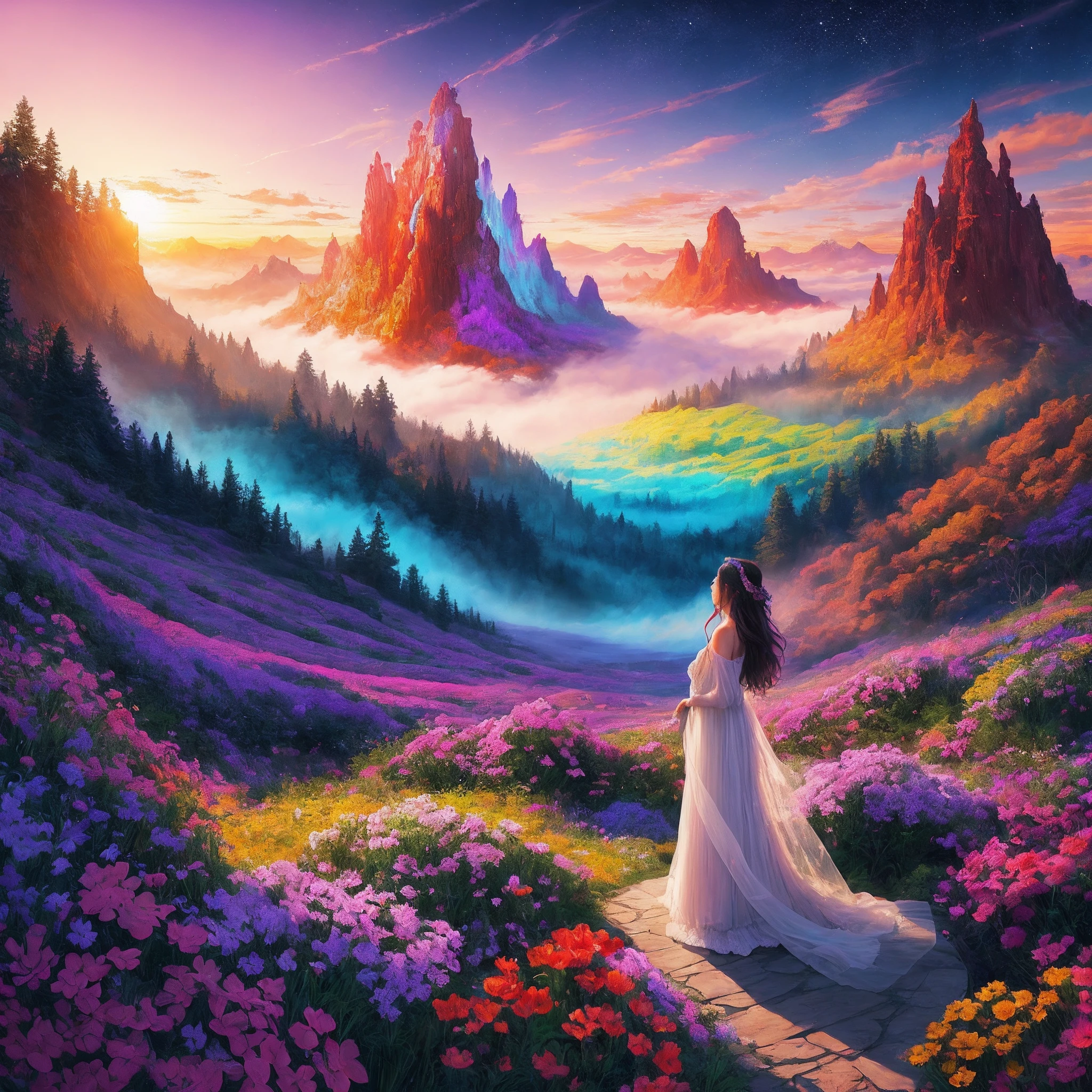 Full body, create a vibrant and detailed digital painting of a stunning woman immersed in a fantastical world bursting with color and life. The woman should possess delicate and ethereal features, radiating a timeless beauty that captivates all who gaze upon her. Use a mesmerizing array of vivid hues to bring her to life, with her hair flowing gracefully like ribbons of brilliant sunset, cascading into a vibrant tapestry of colors. Surround her with a mesmerizing landscape, where fantastical creatures and flora intertwine seamlessly, forming a breathtaking display of artistic imagination. Let each brushstroke be imbued with the essence of vividness, making every inch of the painting a captivating kaleidoscope of hues.