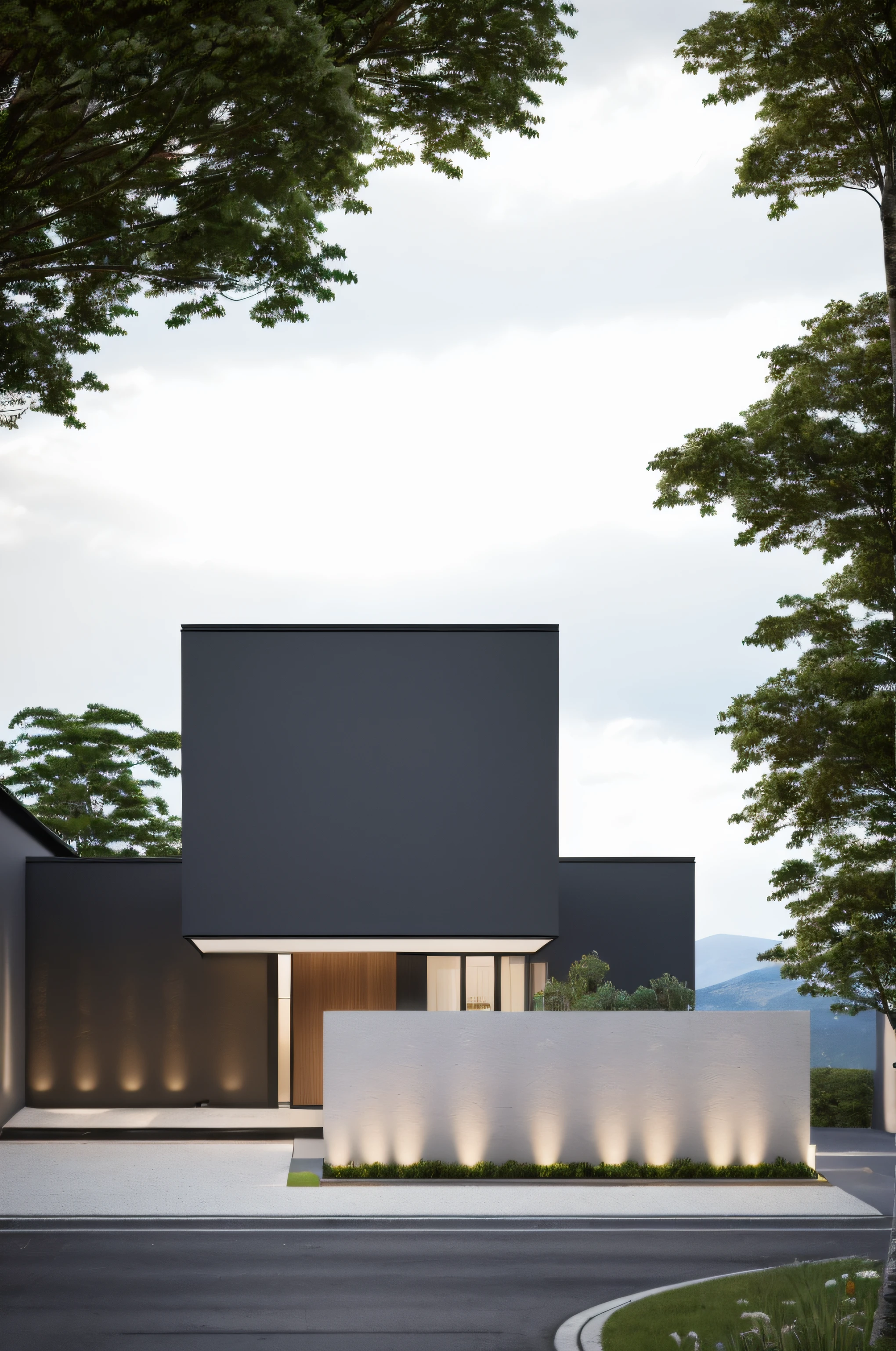 a view of a modern home with a large front yard, main material by white wall and stone and wood, 1 road runs in front of the house, (RAW photo, real, best quality, masterpiece:1.2), look morden minimalist, 1 road in front of the house, shime ring light, light brighteness from indoor:1.2, dynamic lighting:1.3, (hyper realistic, photo-realistic:1.2), high quality, day lighht, hight contrast :0.5 perfect lighting, archdaily, award winning contemporary, contemporary masterpiece, well-designed masterpiece, large modern residence, neotraditional modern, wide angle exterior 2022, midcentury modern, contemporary house, hip modern vibe, a long-shot from front, award winning modern design, stunning lines, residential, subtle detailing, open pose, open view