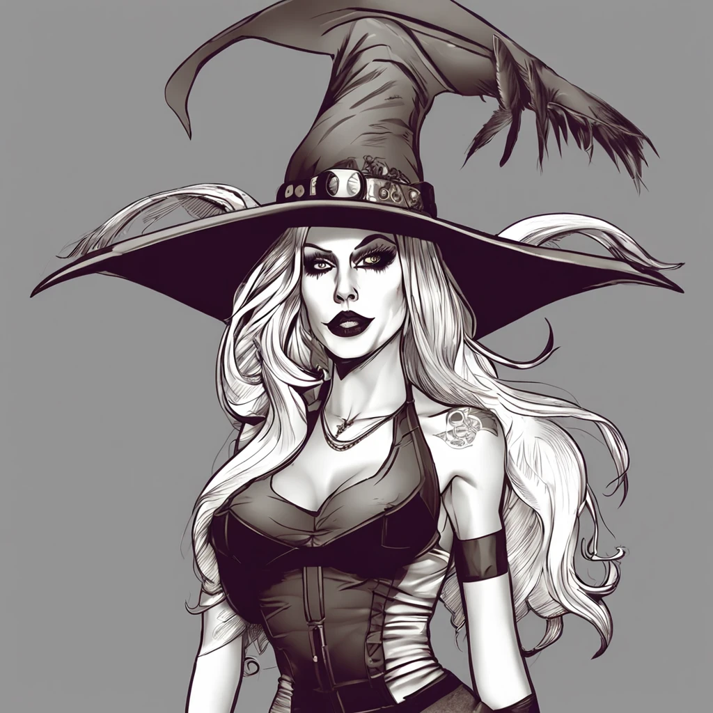 lineart, grayscale, monochrome, Maria brink a very beautiful animated sexy woman with a large hat and large wings with a staff, 1girl, breasts, hat, witch hat, solo, long hair, green eyes, glasses, staff, huge breasts, big tits, supple , sexy legs, sexy hips, beautiful face, hannahowo, edgOrgasm, face focus, edgOrgasm_face, Maximoff, cleavage, cape, gloves, helmet, brown hair, blue eyes