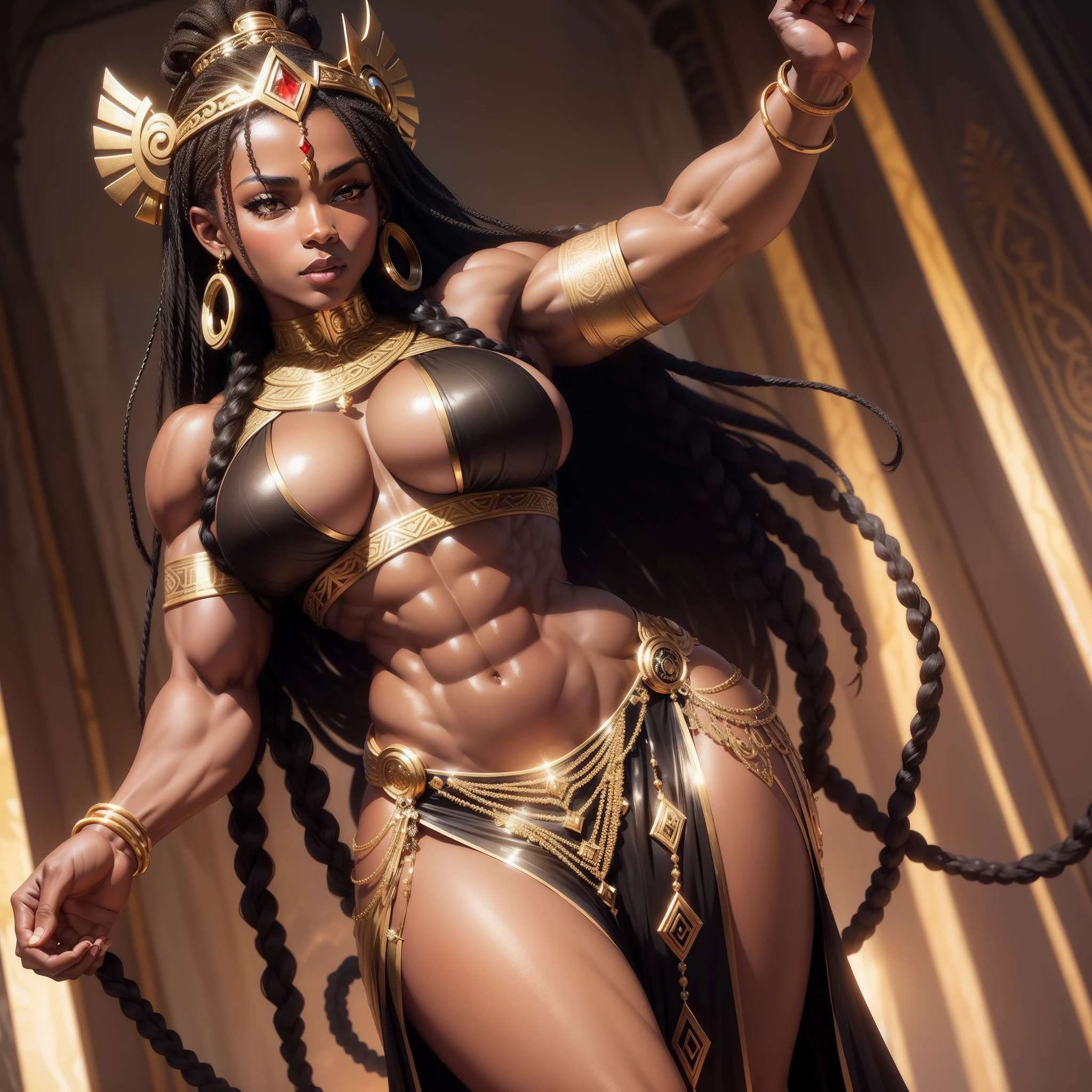 African Goddess, divine black woman, strong abs and biceps, huge breasts, black and gold divine dress, long braid black hair, super strong, bodybuilder