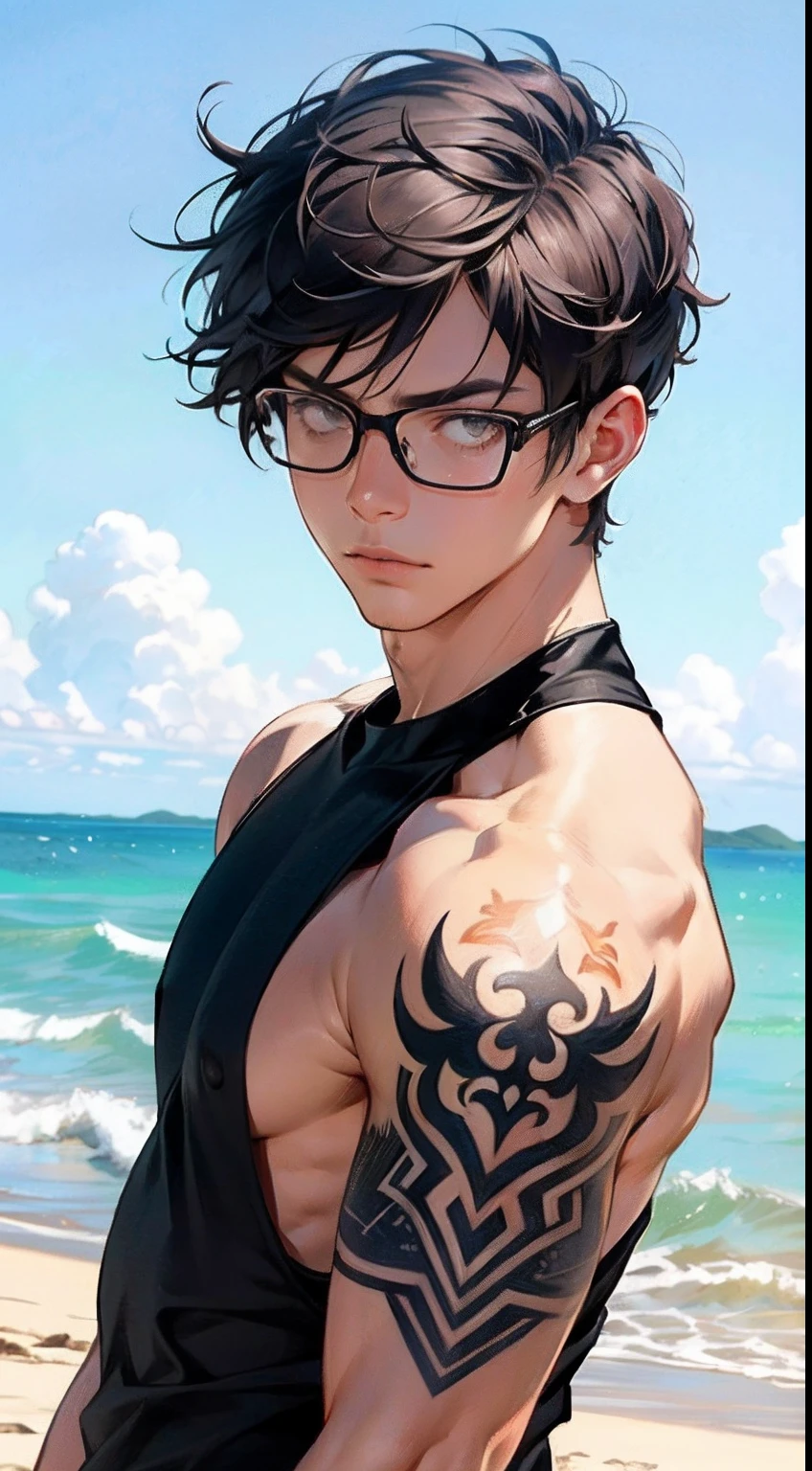 1boy, Muscular,short detailed hair, Perfect proportions,((Glasses)),(Fashionab, masculine features, Modern style),(Dynamic pose:1.0),arm tattoos,solofocus,Rule of thirds,sandbeach,(summer day),Detailed background,A high resolution, Sharp focus, (Ultra detailed, Extremely detailed), (realistic artwork:1.37), 8K wallpaper,((Vibrant colors)),(Intricate),Masterpiece,(Best quality)