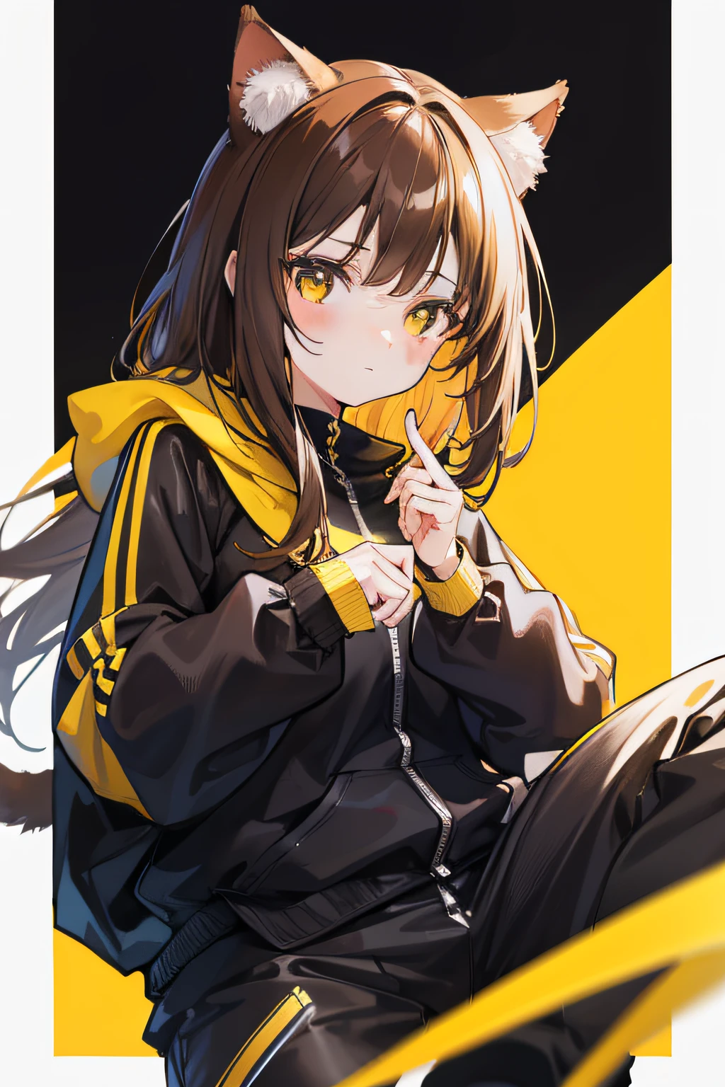 1girl，cat ear，Brown hair，Yellow sweatshirt，Black pantsuit，style of anime，High quality anime art，Anime art wallpaper 4k
