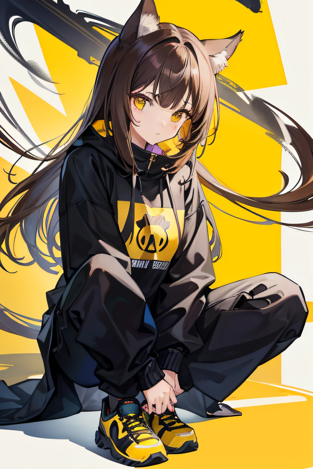 1girl,cat ear,Brown hair,Yellow sweatshirt,Black pantsuit,style of anime,High quality anime art,Anime art wallpaper 4k