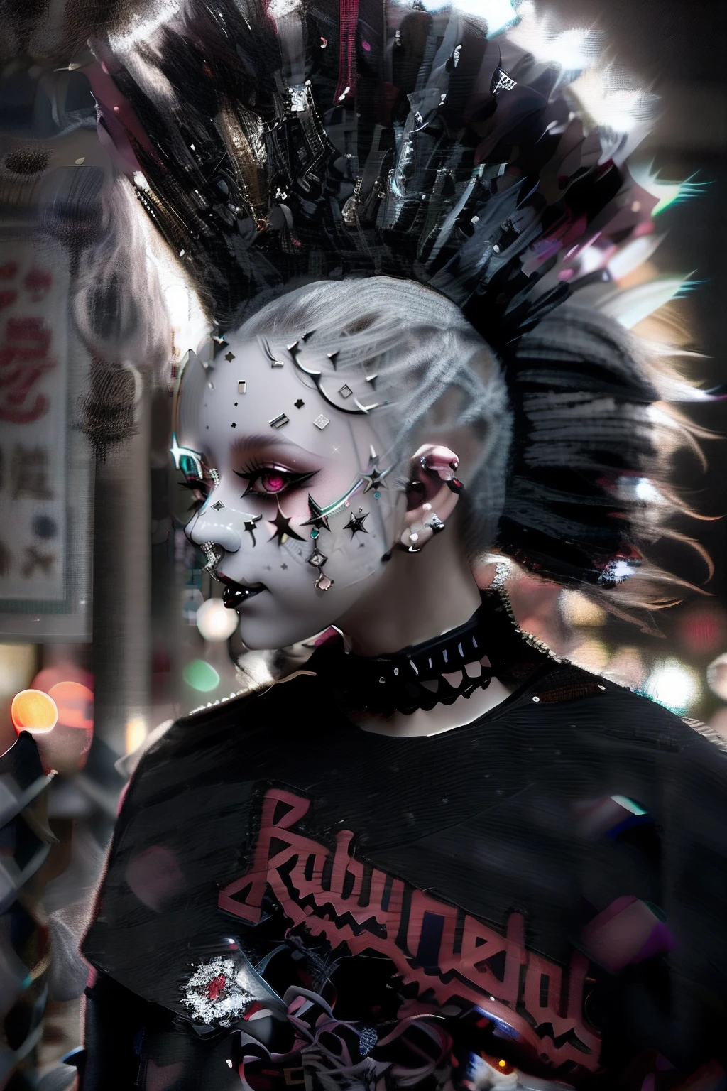 Vampire costume、(((A dark-haired))),goth_punk, 1girl in, 独奏, medium shot, Walking in Harajuku, ((during night)), bokeh dof, Neon light, Iridescent eyes, starrysky, White shiny hair, White eyebrows, Radiant hair, (iridescent white hair), 耳Nipple Ring, bangss, jewely, masks, bluntbangs, verd s eyes, Mouth mask, blurry backround, bblurry, hair adornments, Look at viewers, shorth hair, portraitures, side locks