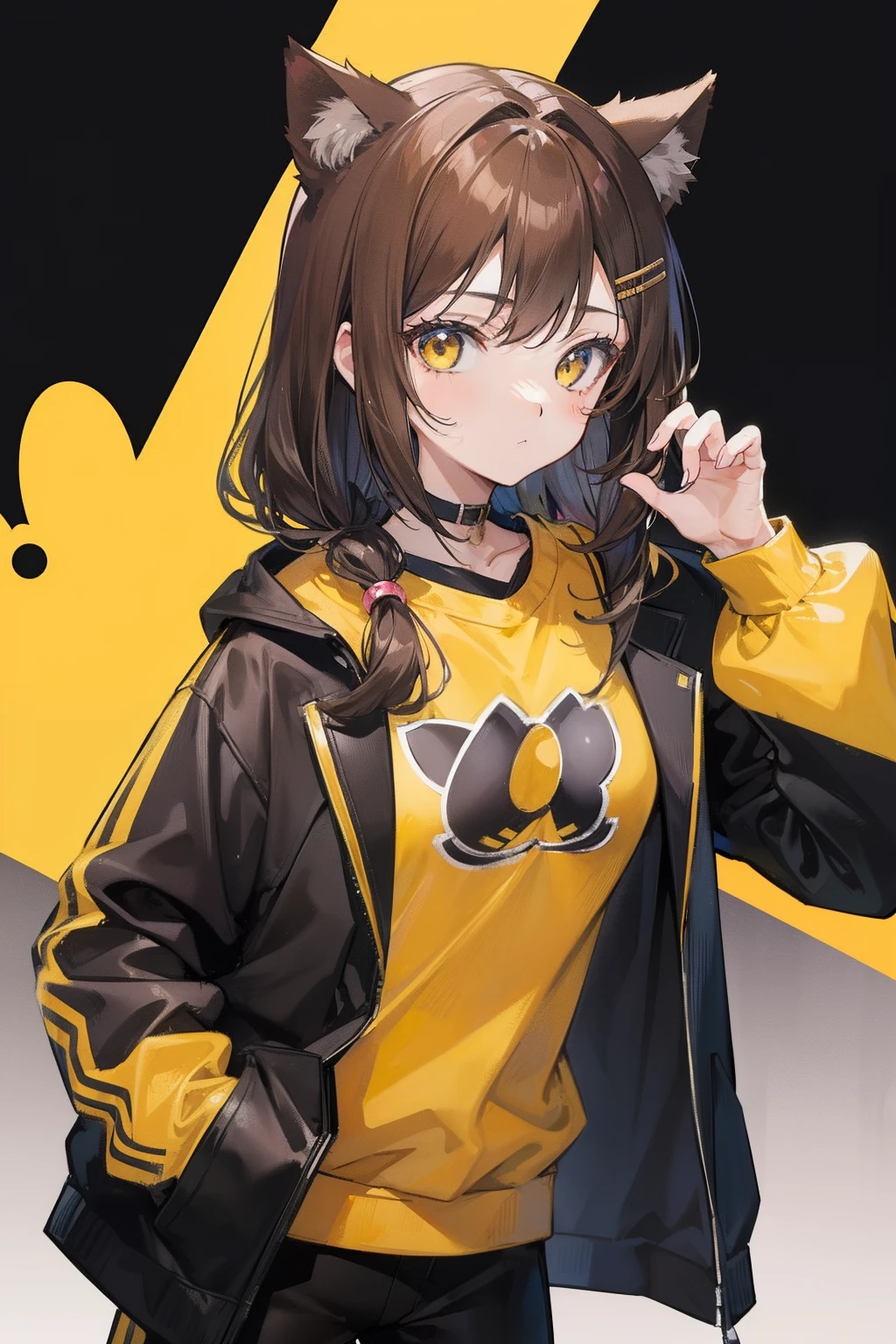 1girl,cat ear,Brown hair,Yellow sweatshirt,Black pantsuit,style of anime,High quality anime art,Anime art wallpaper 4k