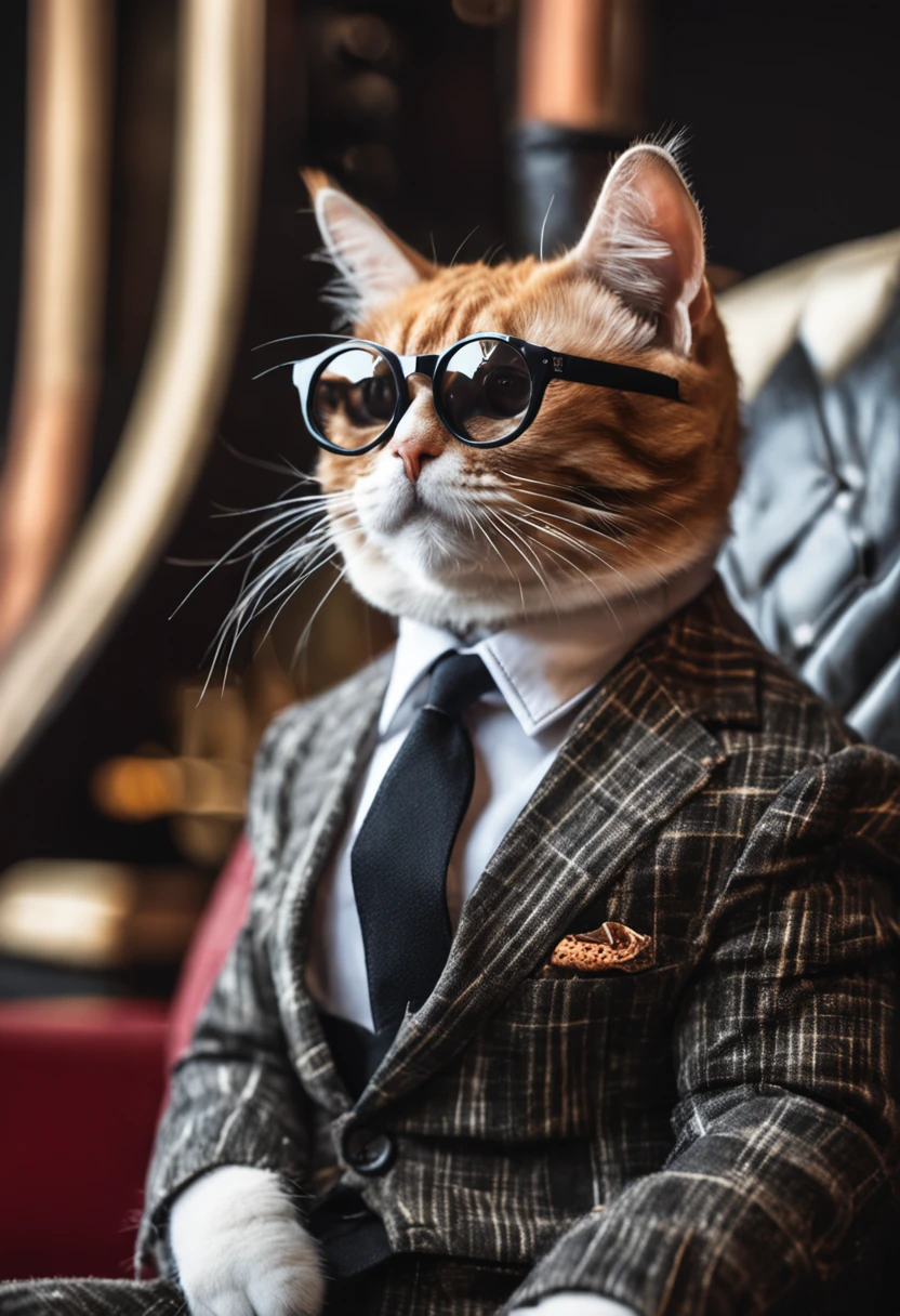 Cat, stylish, fashionable, formal suit, black glasses, fashion show, catwalk, (masterpiece:1.3), highly detailed