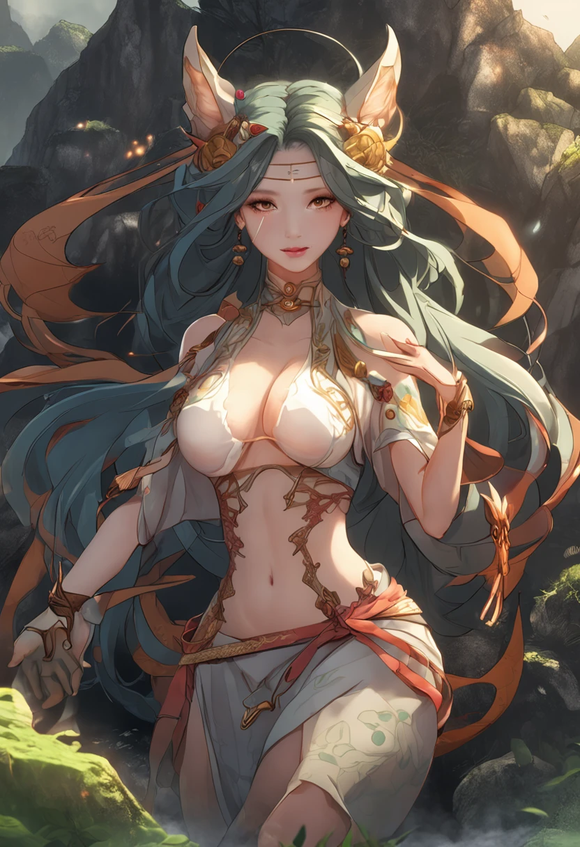 Chinese big breasts，Fox Fairy，Snake demon，Mountain spirit，Tree monsters，anime big breast，Beautuful Women，high qulity，Delicate face，Golden ratio figure