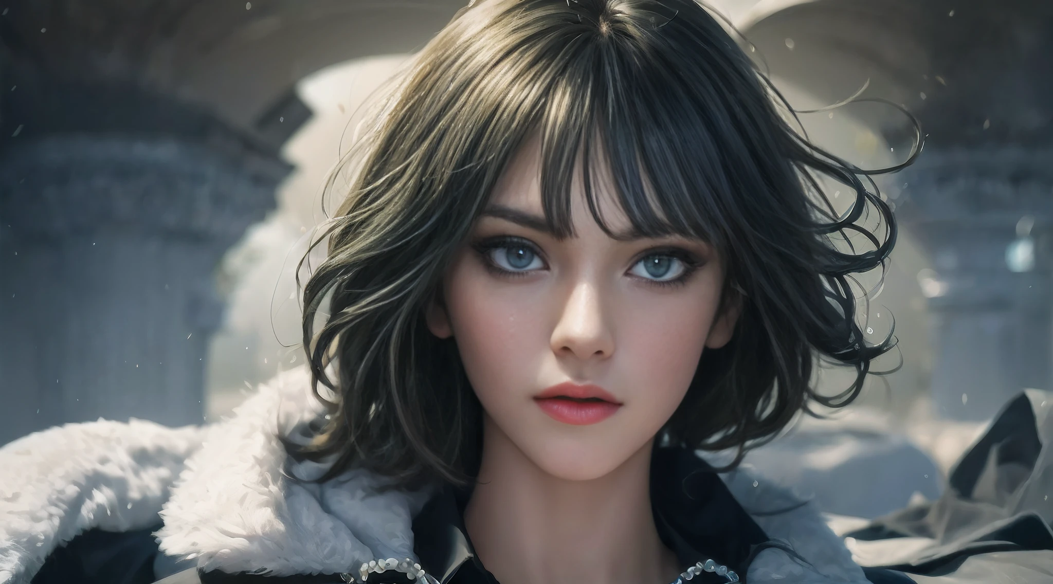 FUBUKI, (GREEN HAIR), TAUT CLOTHES, FUR COAT, JEWELRY, NECKLACE, long face, short hair, (photorealistic:1.2), (masterpiece), best quality, (detailed face:1.4), raw photo, ultra realistic 8k, perfect artwork, (background violent tornado and storm :1.2),BREAK, photography,masterpiece,best quality,HDR,highres,realistic details,8K,HDR,highres,absurdres,1girl fly in the air, fubuki,expressionless, gigantic breasts,masterpiece,ultra realistic,32k,extremely detailed CG unity 8k wallpaper, best quality