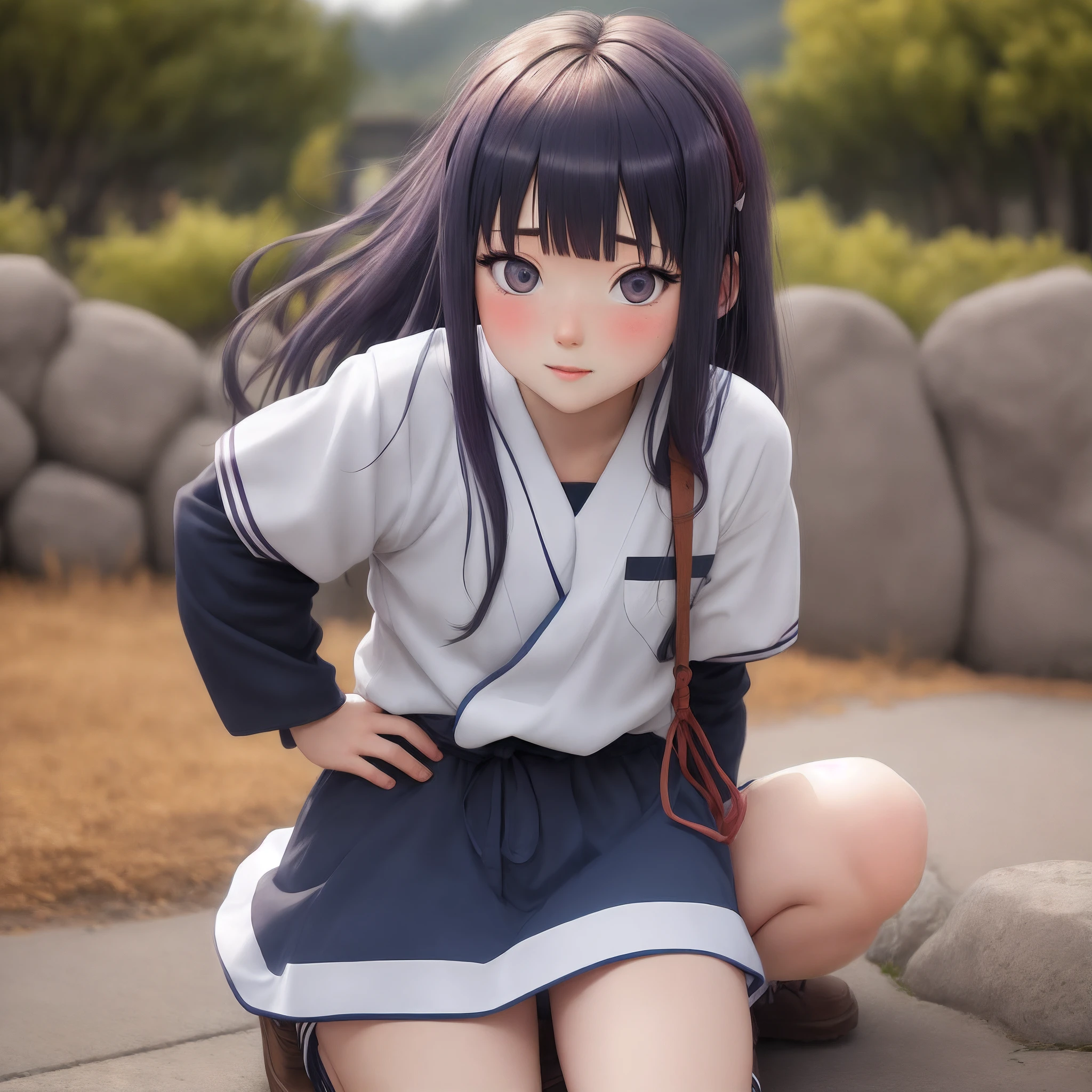 Shy adorable and cute blushing Cute teen girl peeing through her panties squatting down legs apart wearing her uniform from school nsfw. Puddles of pee between her legs.