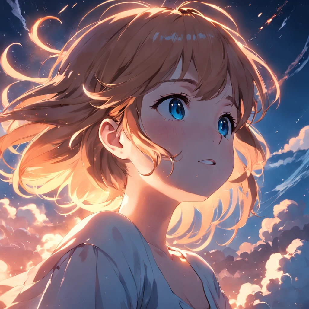 masterpiece, best quality, movie still, 1girl, cloud girl, floating in the sky, close-up, bright, happy, warm soft lighting, sunset, (sparks:0.7)