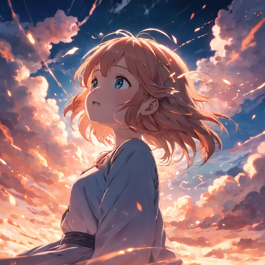 masterpiece, best quality, movie still, 1girl, cloud girl, floating in the sky, close-up, bright, happy, warm soft lighting, sunset, (sparks:0.7)