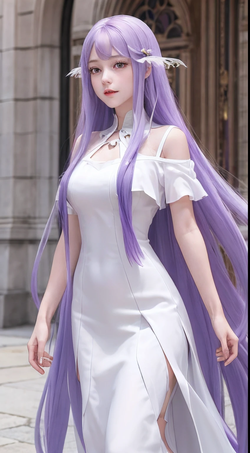 masterpiece,, best quality, highres. 1girl, solo, very long hair, light purple hair, swept bangs, purple eyes, white dress, long dress, floating hair, short sleeves, large breasts, castle, standing,