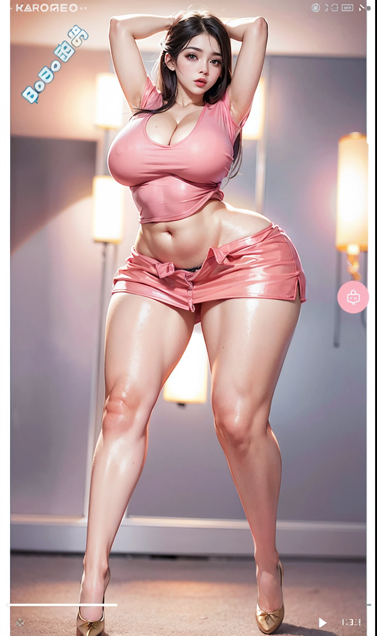 1girll,beautiful vintage color,Instagram,RAW photos,best qualtiy,tmasterpiece:1.2),(realisticlying,Photorealistic:1.3),(Sharp focus:1.2)Black hair, Very long hair,Bare thighs Thick thighs, Large breasts, Muscular, Leggings, vests, , Toned body,eBlue eyes,beauitful face,Perfect litthing,beatiful detailed eyes,stunningly beautiful woman,detailed hairstyles,detailed back ground, 超A high resolution, Depth of field, color difference, Caustics, Broad lighting, Nature Kpop idol,tmasterpiece。。.。.3D, hdr(HighDynamicRange),Ray traching,NVIDIA RTX,Hyper-Resolution,Subsurface scattering、PBR Texture、post-proces、Anisotropy Filtering、depth of fields、maximum definition and sharpness、Many-Layer Textures、Albedo e mapas Speculares、Surface coloring、perfectly proportions、rendering by octane、Two-colored light、largeaperture、Low ISO、White balance、the rule of thirds、8K raw data,Light pink lace transparent top lace vest,Rose red lace transparent raised briefs (Extremely long hair), Solo, (Topless),Fair skin, Ruddy and radiant skin, Raised thighs are smooth,No tattoos