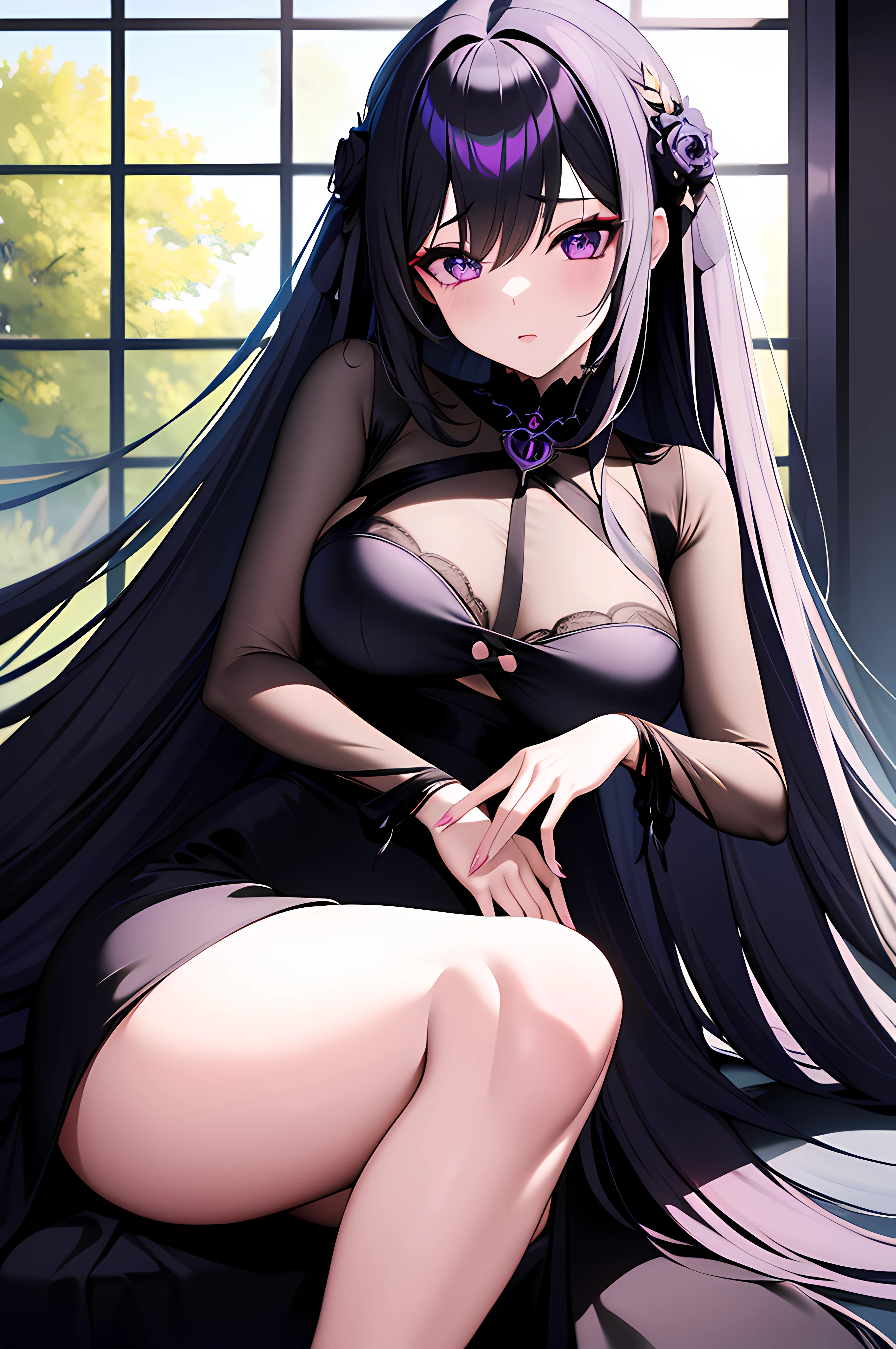 (masterpiece), best quality, expressive eyes, perfect face, Absurdity, High Resolution, Ultra Detail, anime girl with long white hair and black outfit posing for picture, anime goddess, female anime character, black haired deity, anime visual of a cute girl, anime girl with long hair, anime girl wearing a black dress, anime visual of a young woman, alchemist girl, gothic maiden anime girl, in the anime film, anime best girl, purple starry eyes, seductive anime girl, medium_oppai, beautiful alluring anime woman, hajime yatate, emale anime character, official anime still, beautiful alluring anime teen, anime best girl, attractive anime girl, oppai proportions, 1 girl