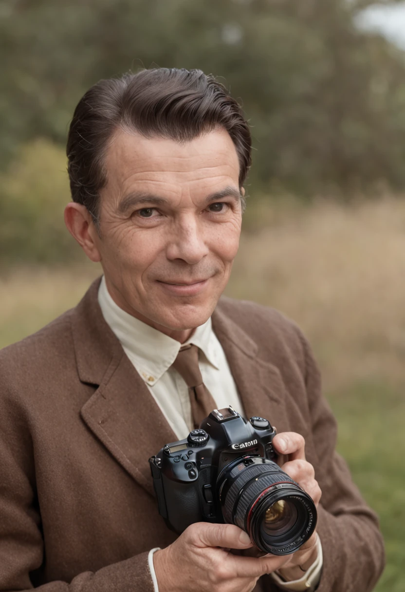 (master part:1.5, best quality:1.2, baixa qualidade:0.9), fotografia realista granulada nos anos 60, homem bonito sorrindo, banco