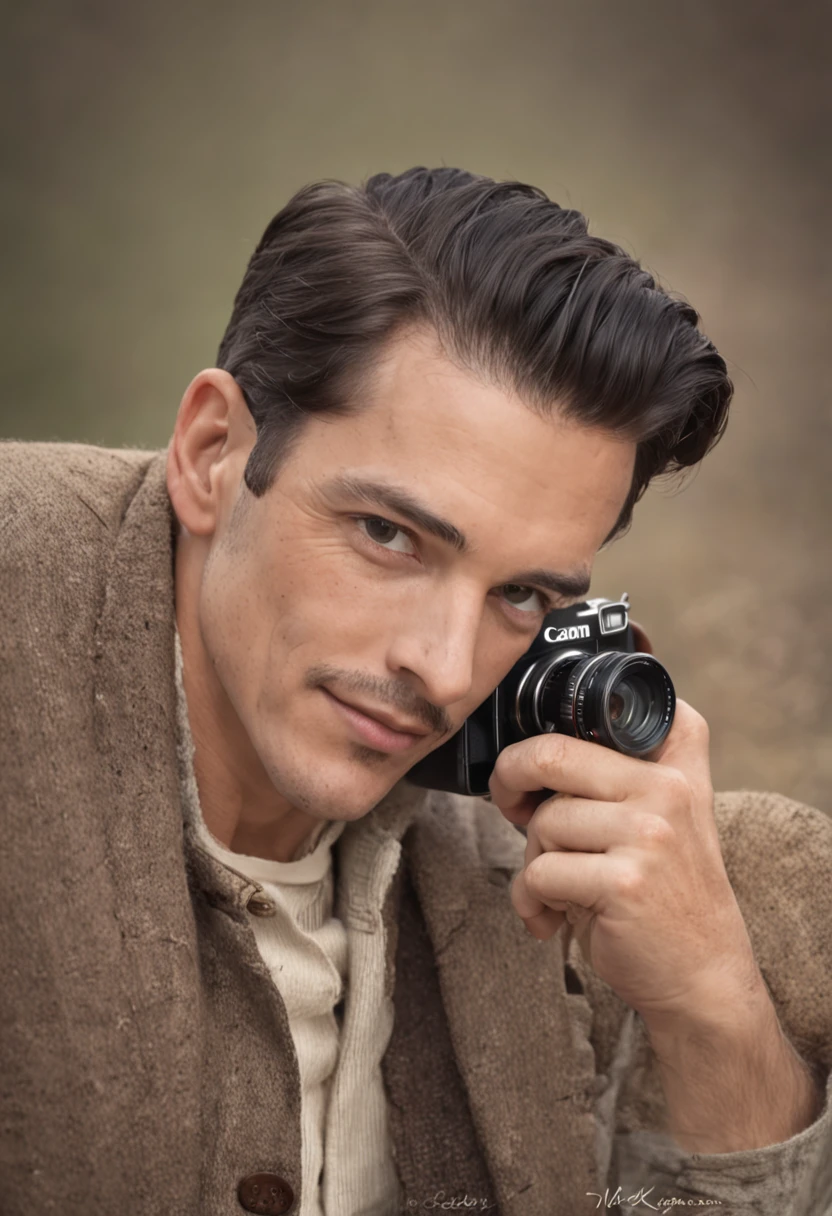 (masterpiece:1.5, best quality:1.2, low quality:0.9), fotografia realista granulada nos anos 60, homem bonito sorrindo, banco