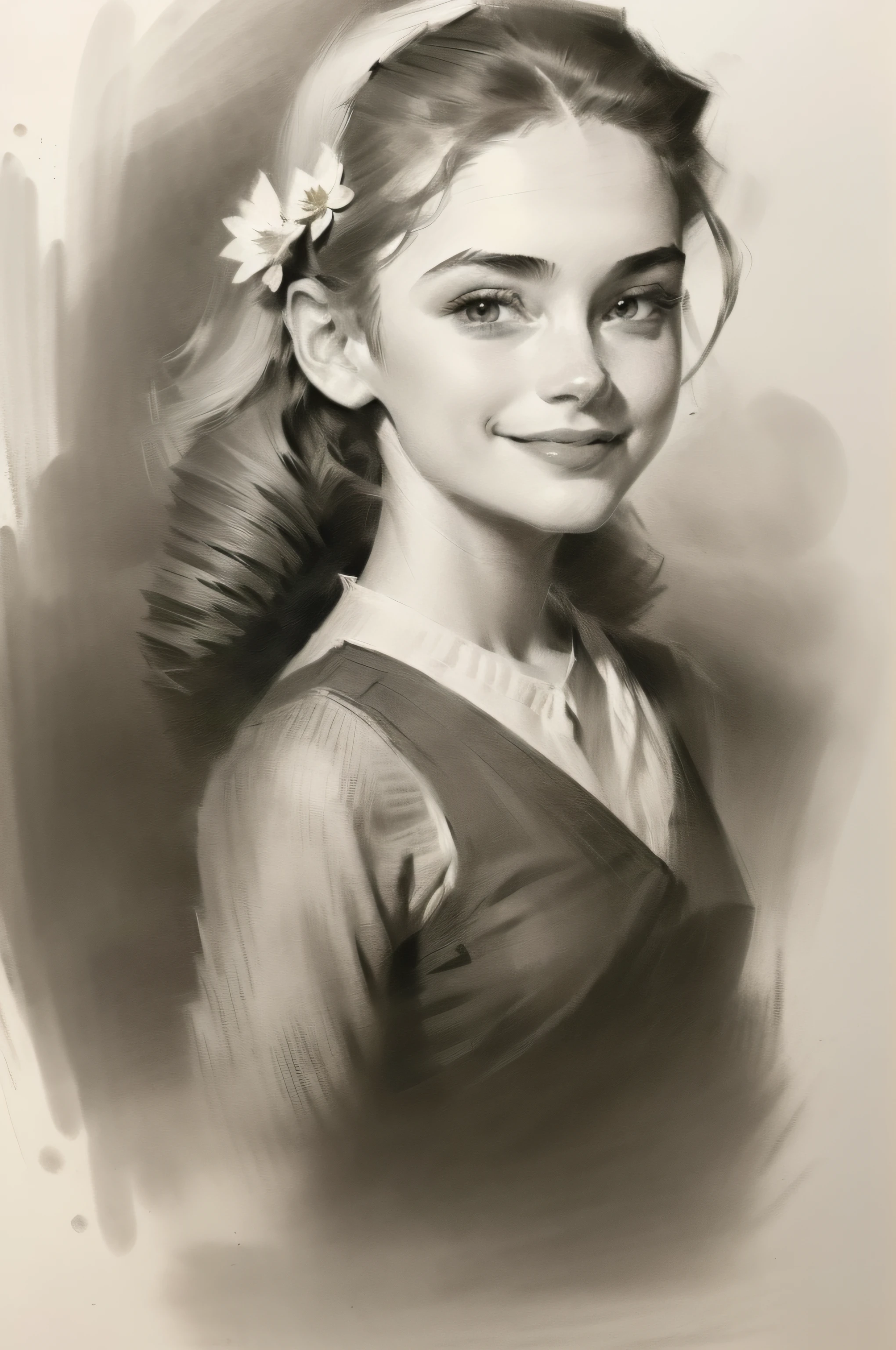 a charcoal drawing of Monroe, 20 years old, portrait drawing, head & shoulder, detailed face, smiling, flower background, (one girl, solo), in the style of Andrew Loomis, norman rockwell, old master drawings and prints, expressive character . Masterpiece, ((charcoal sketch drawing)) , full body drawing.