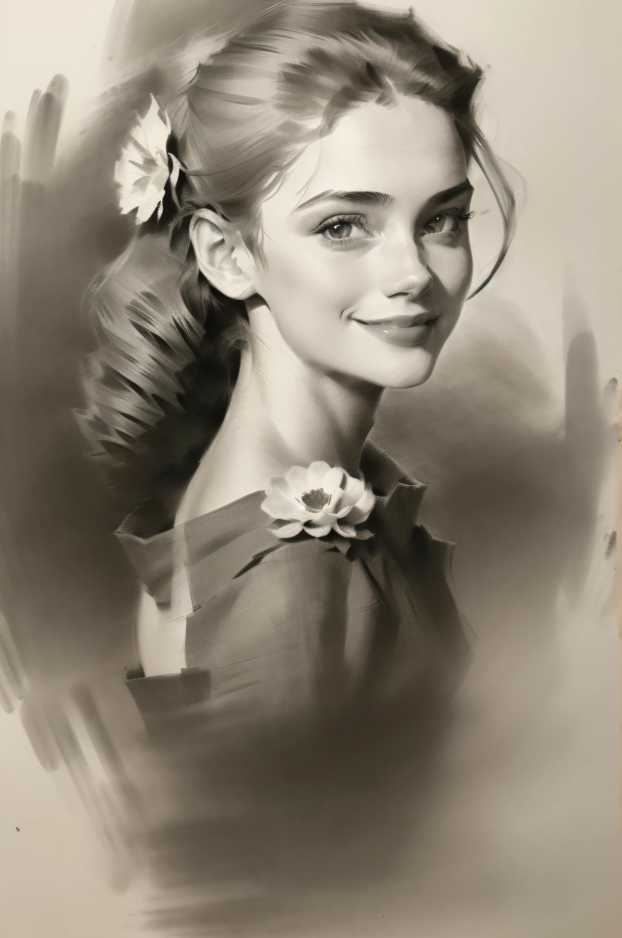 a charcoal drawing of Monroe, 20 years old, portrait drawing, head & shoulder, detailed face, smiling, flower background, (one girl, solo), in the style of Andrew Loomis, norman rockwell, old master drawings and prints, expressive character . Masterpiece, ((charcoal sketch drawing)) , full body drawing.