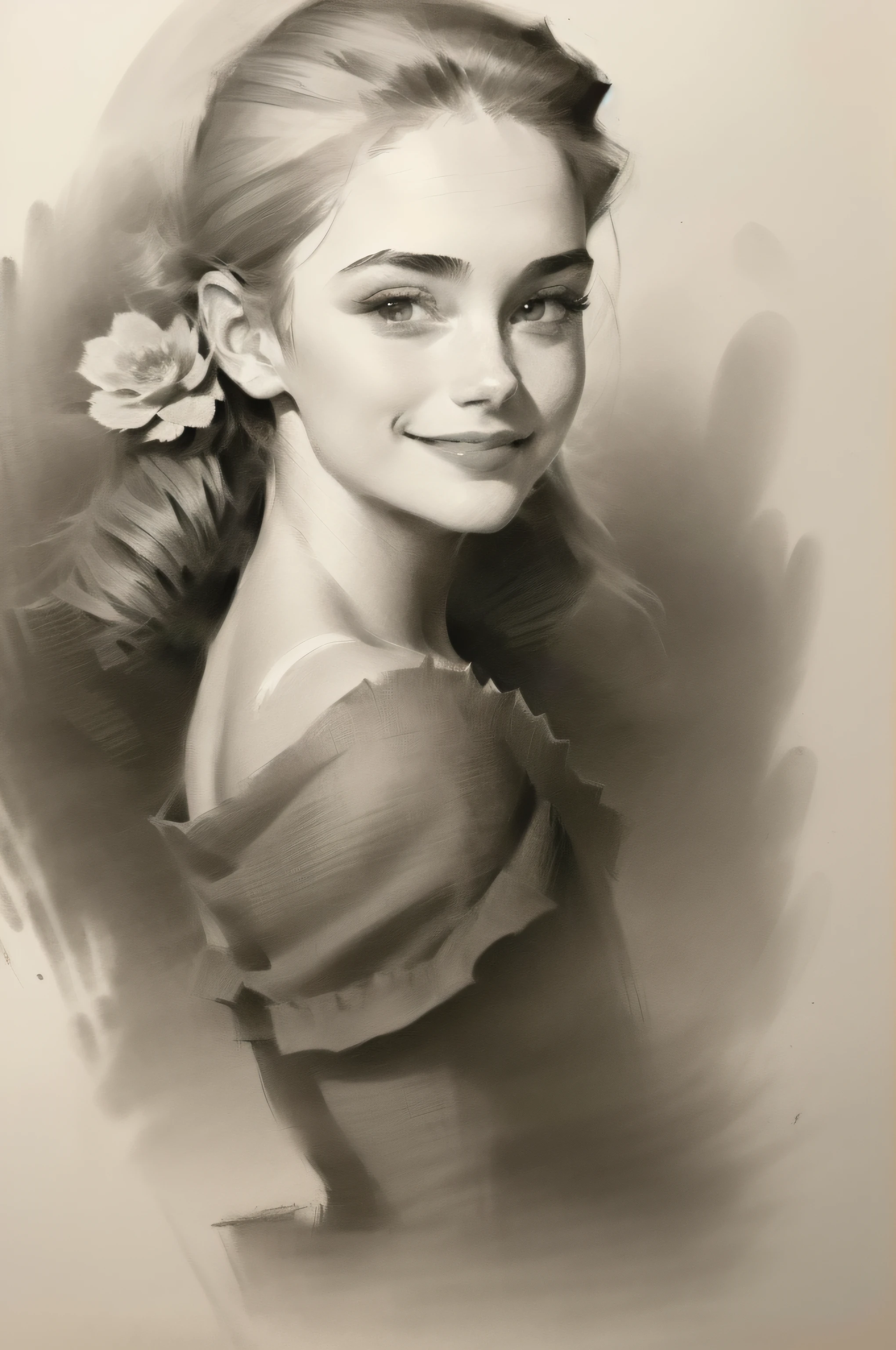 a charcoal drawing of Monroe, 20 years old, portrait drawing, head & shoulder, detailed face, smiling, flower background, (one girl, solo), in the style of Andrew Loomis, norman rockwell, old master drawings and prints, expressive character . Masterpiece, ((charcoal sketch drawing)) , full body drawing.