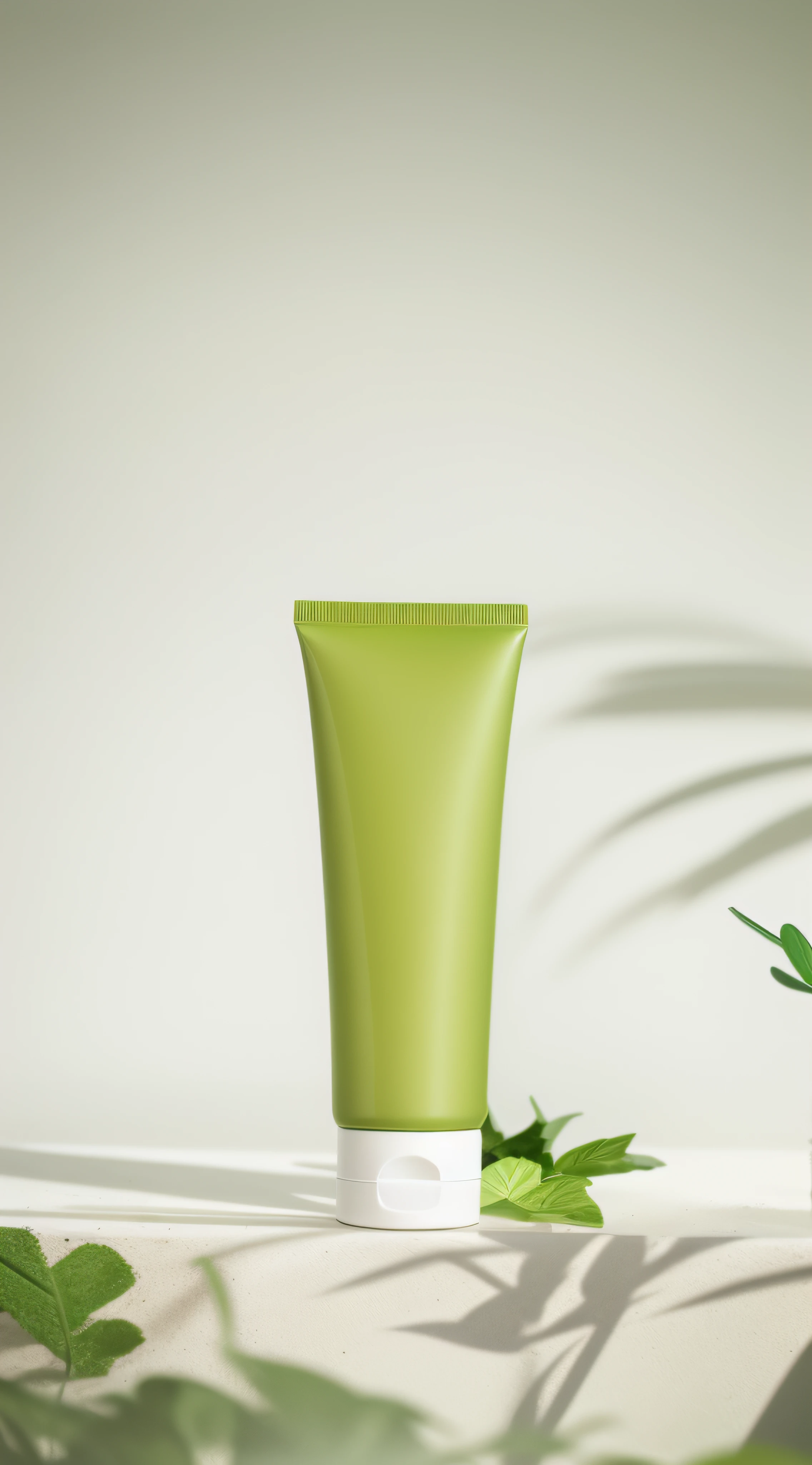 There is a green cream tube next to the plant, The skin is painted green, textured base ; product image, high quality topical render, high quality product photo, Clean face and body skin, Product photo, green colored skin, Product photography, green mask, products shot, silicone skin, greenish skin, smooth clean texture, Green body, miniature product photo, Skincare