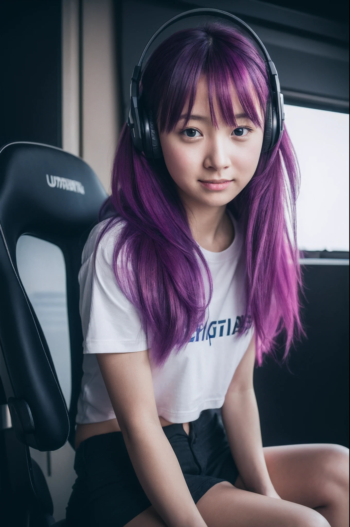 (8k,RAW portrait of girl,80mm,ultra high res,best quality,japanese girl,idol,cute,playing a game on one's PC,gamer,sitting on gaming chair,wearing headset,holding game controler(darkened room:1.2),oversized t-shirts,sports shorts,(natural skin texture,detailed skin, hyperrealism,ultra sharpness),intricate details,high resolution, natural lighting,:1.1)
bloom,sad smile,colored inner hair,tareme,muscular female,yuri,very long hair,from above,stage lights,europian,messy hair,looking to the side,portrait,woman,no nose,shorts,side ponytail,ahoge,
colorfull,sunset,vivid,violet